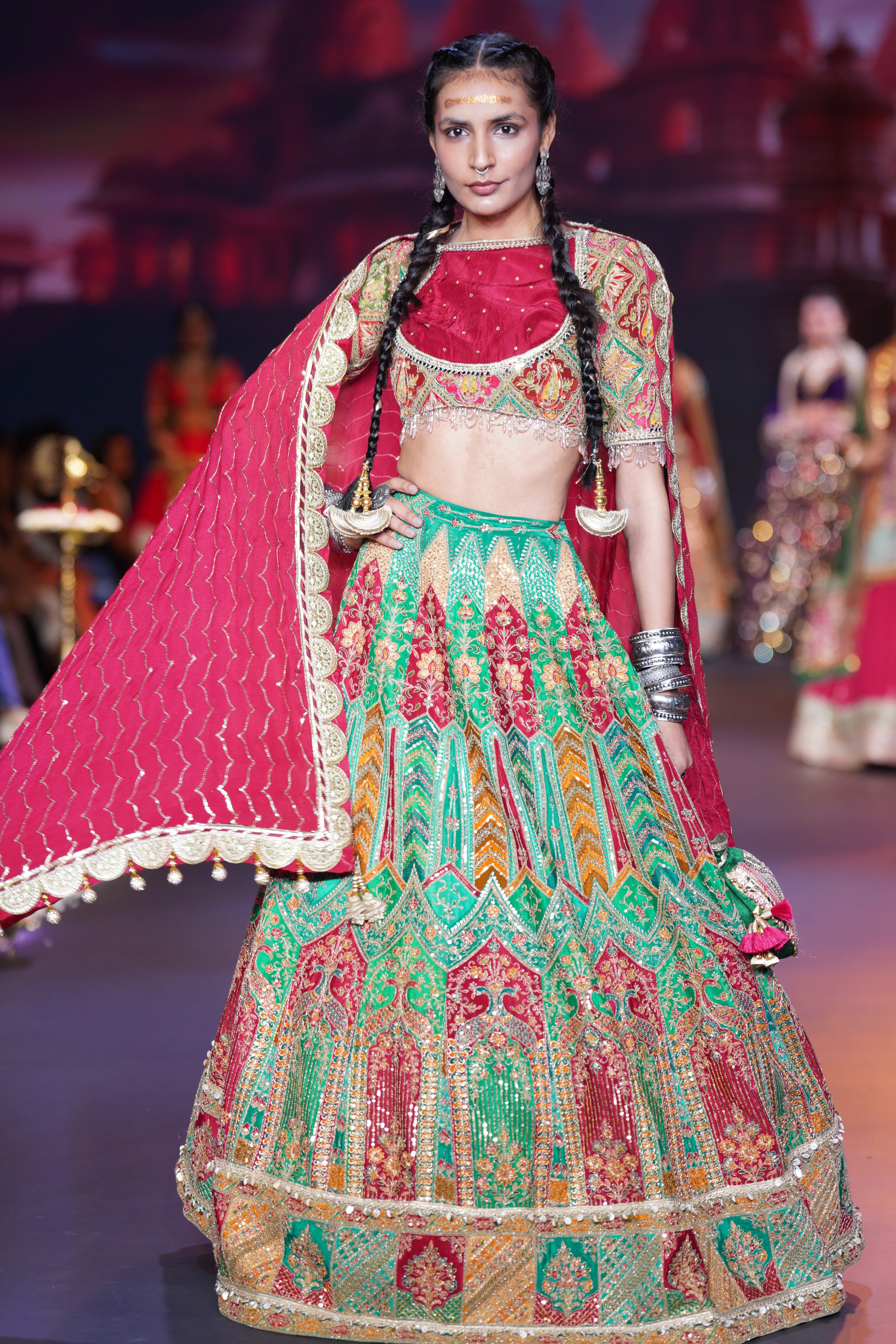 Red- Multi color raw silk embroidered lehenga set