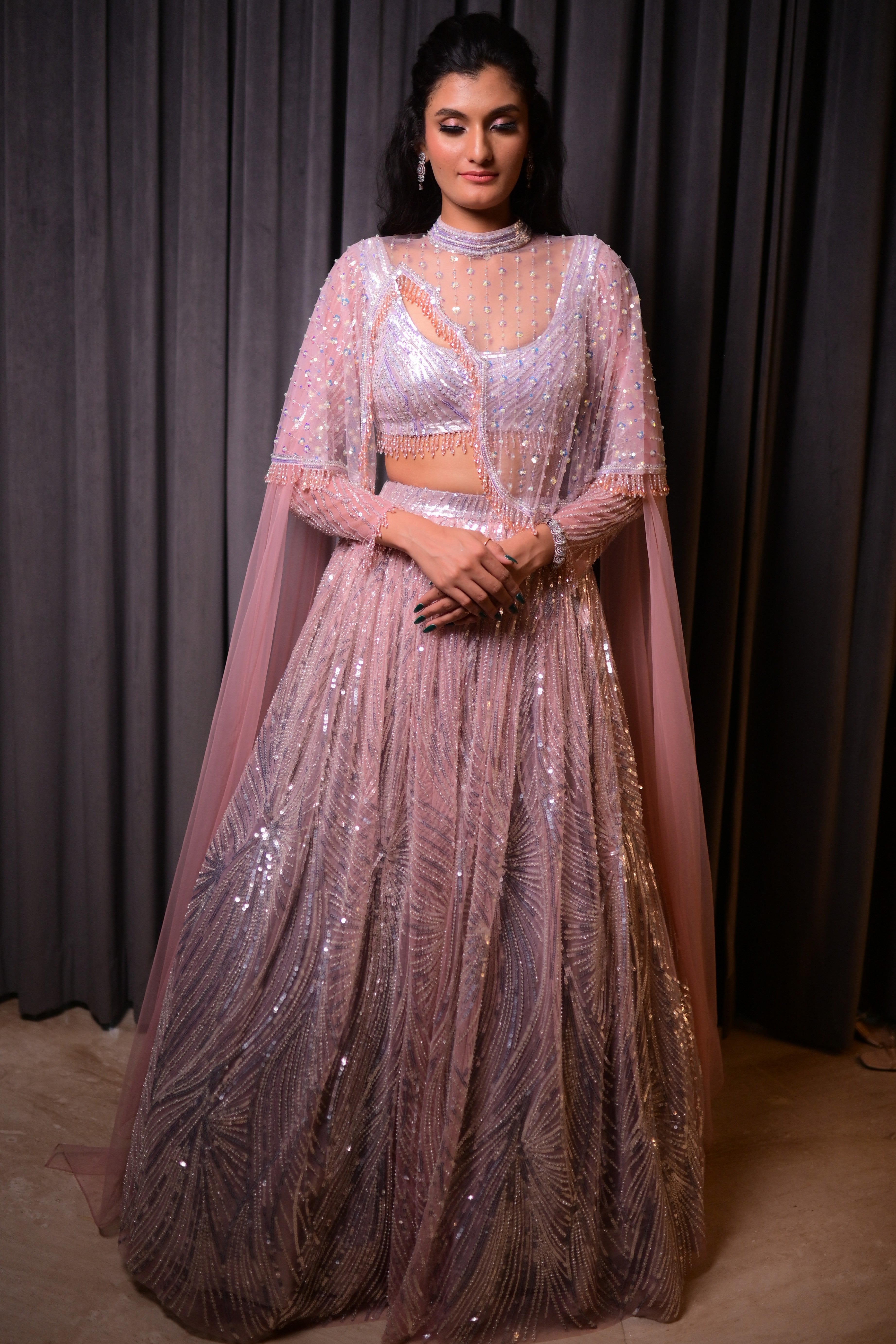 Pink sequin lehenga set with cape jacket
