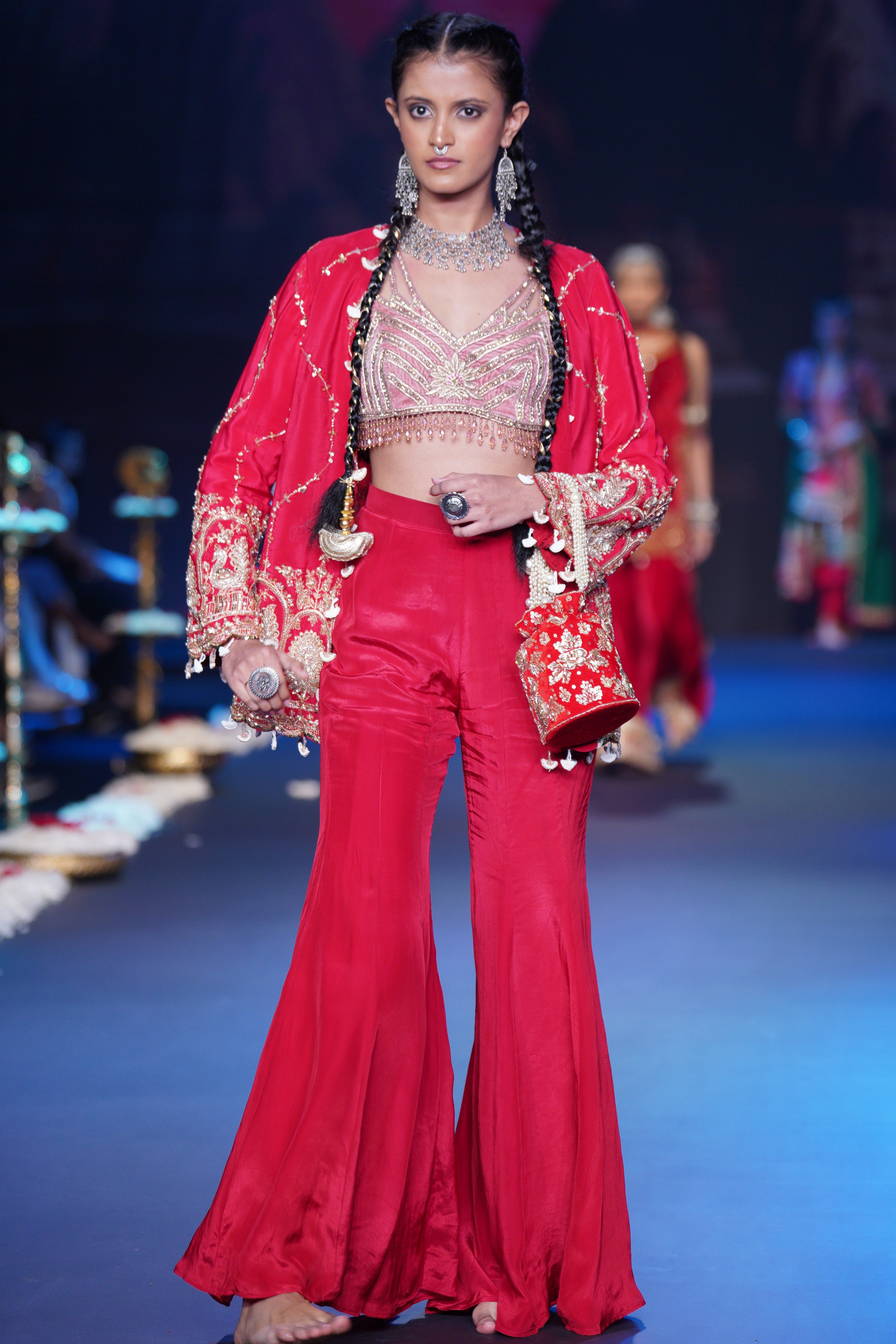 Red three- piece jacket and palazzo set