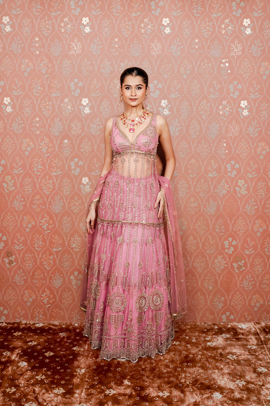 Pink Embellished Peplum Style Lehenga Set
