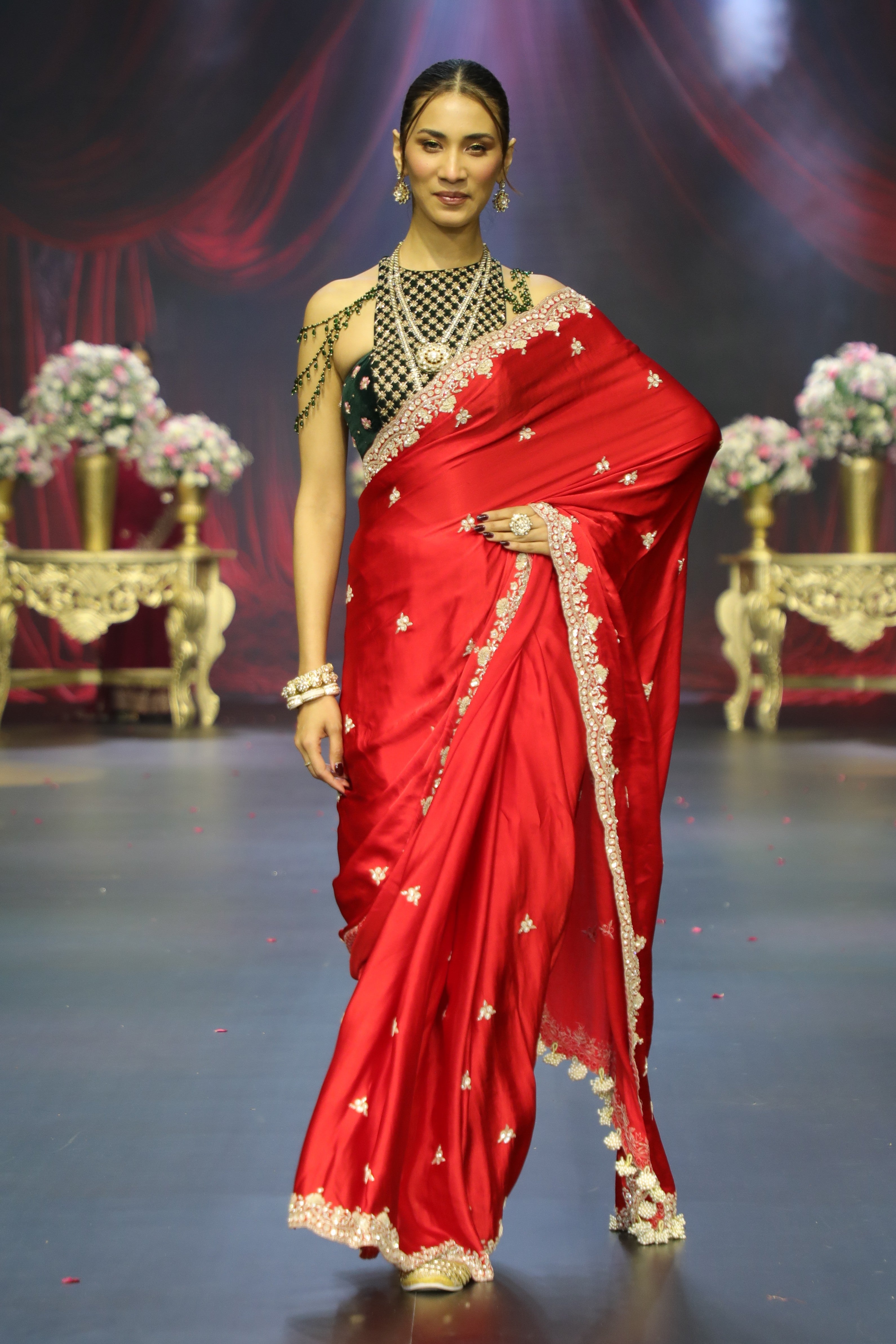 Red embroidered saree