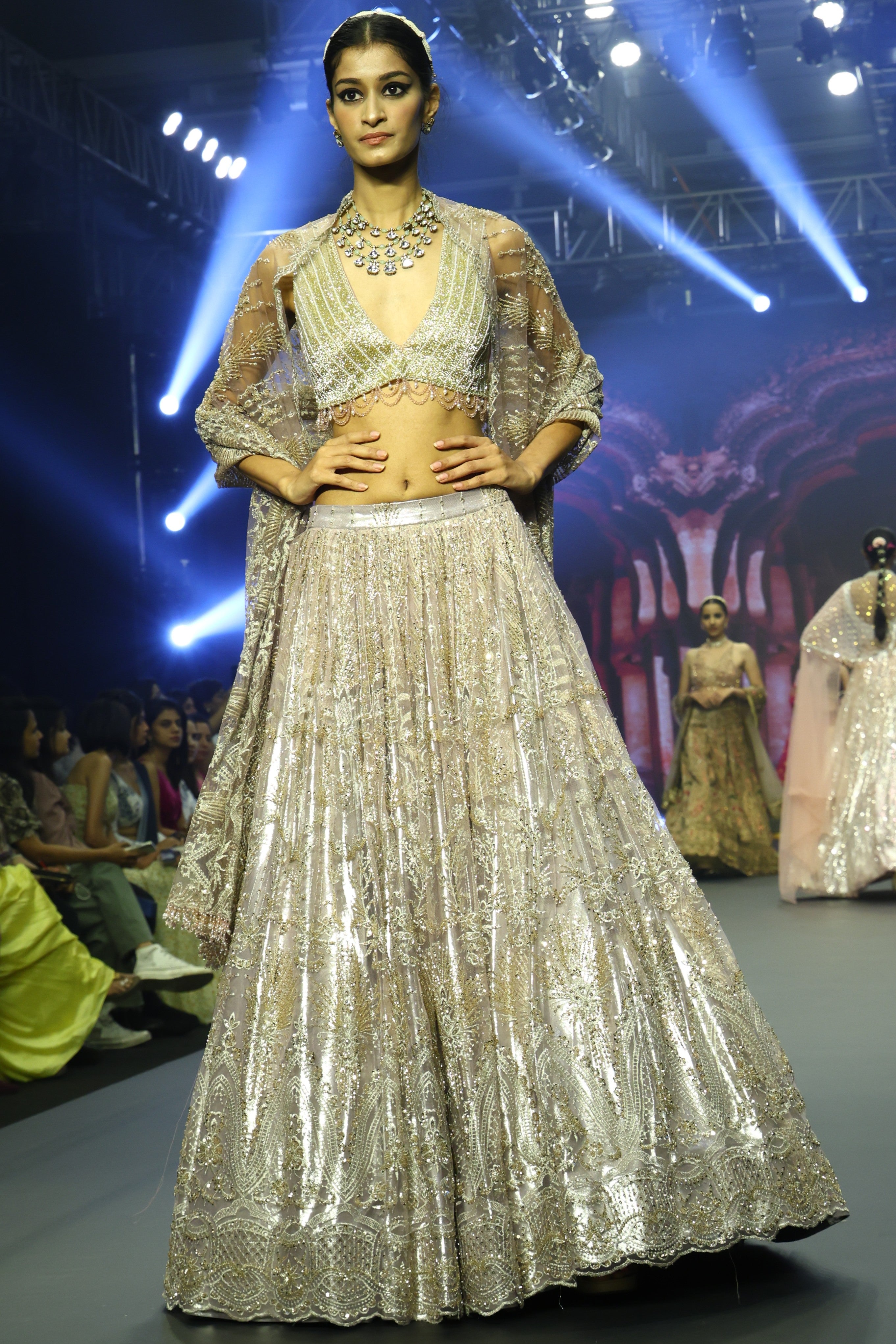 Gold metallic cutdana embroidery lehenga set
