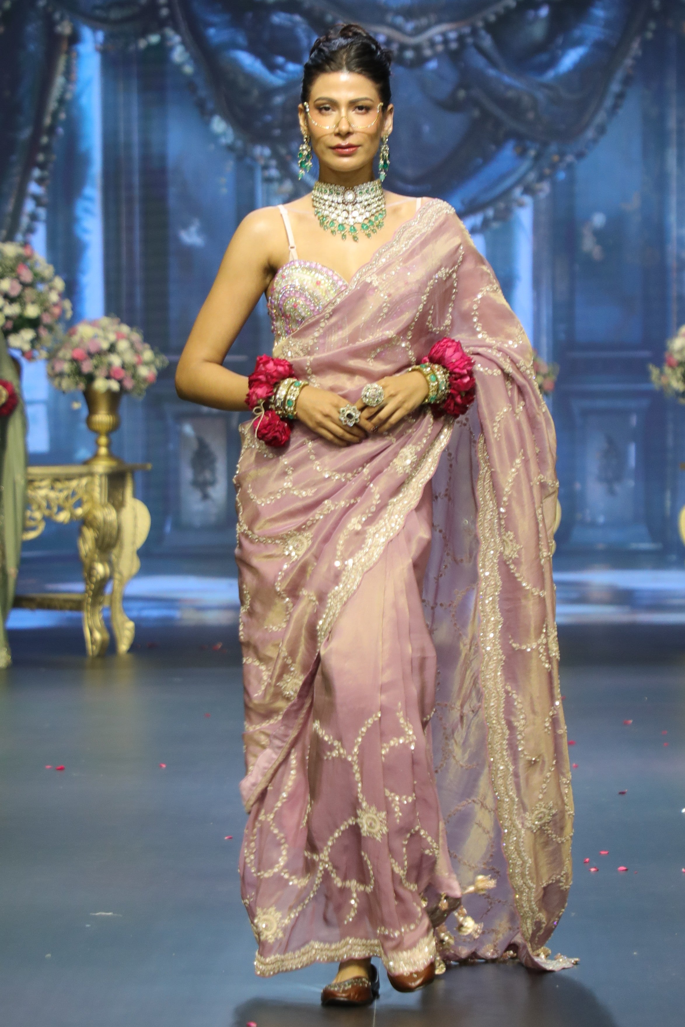 Pink Tissue Embroidered Saree