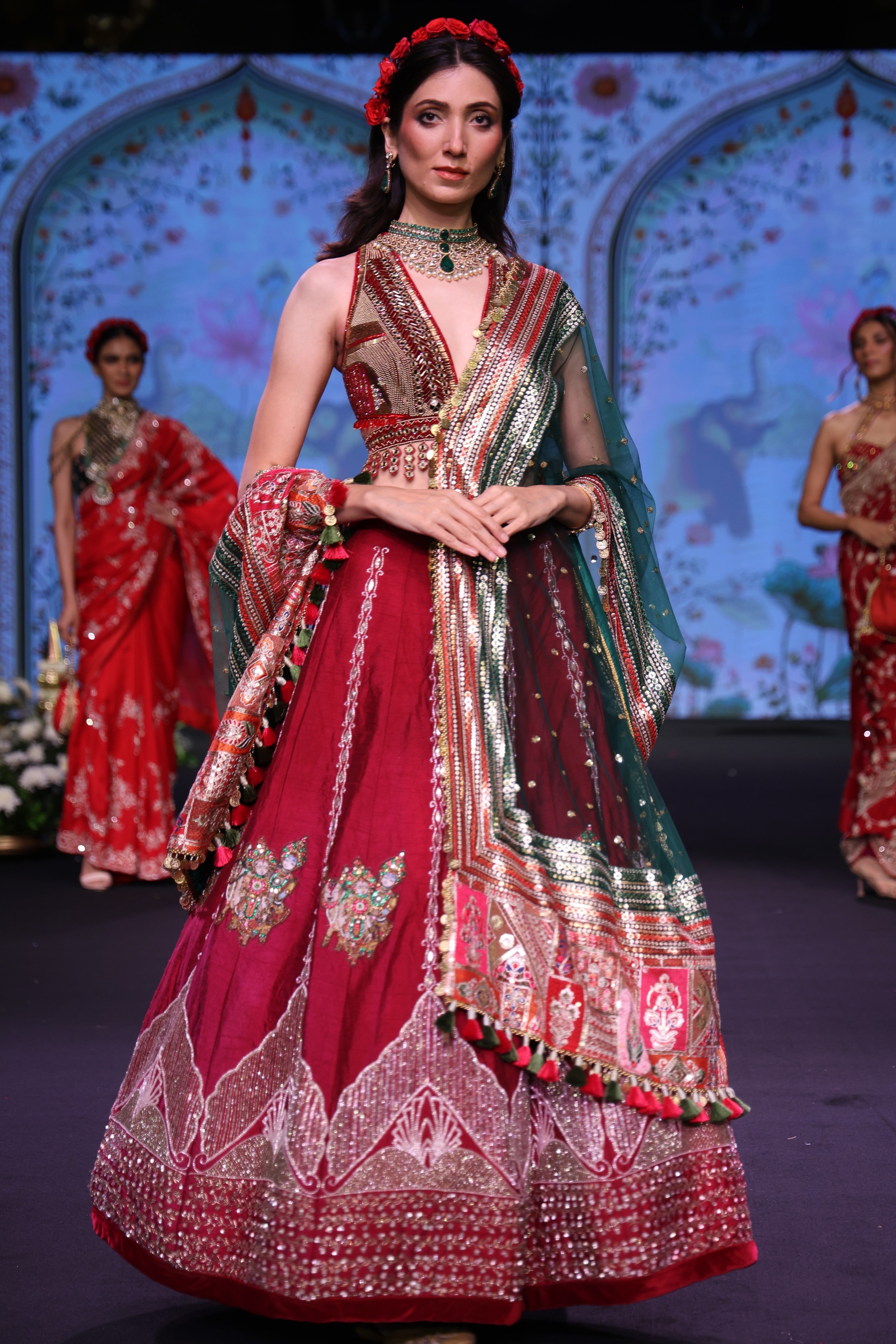 Maroon raw silk embroidered lehenga set