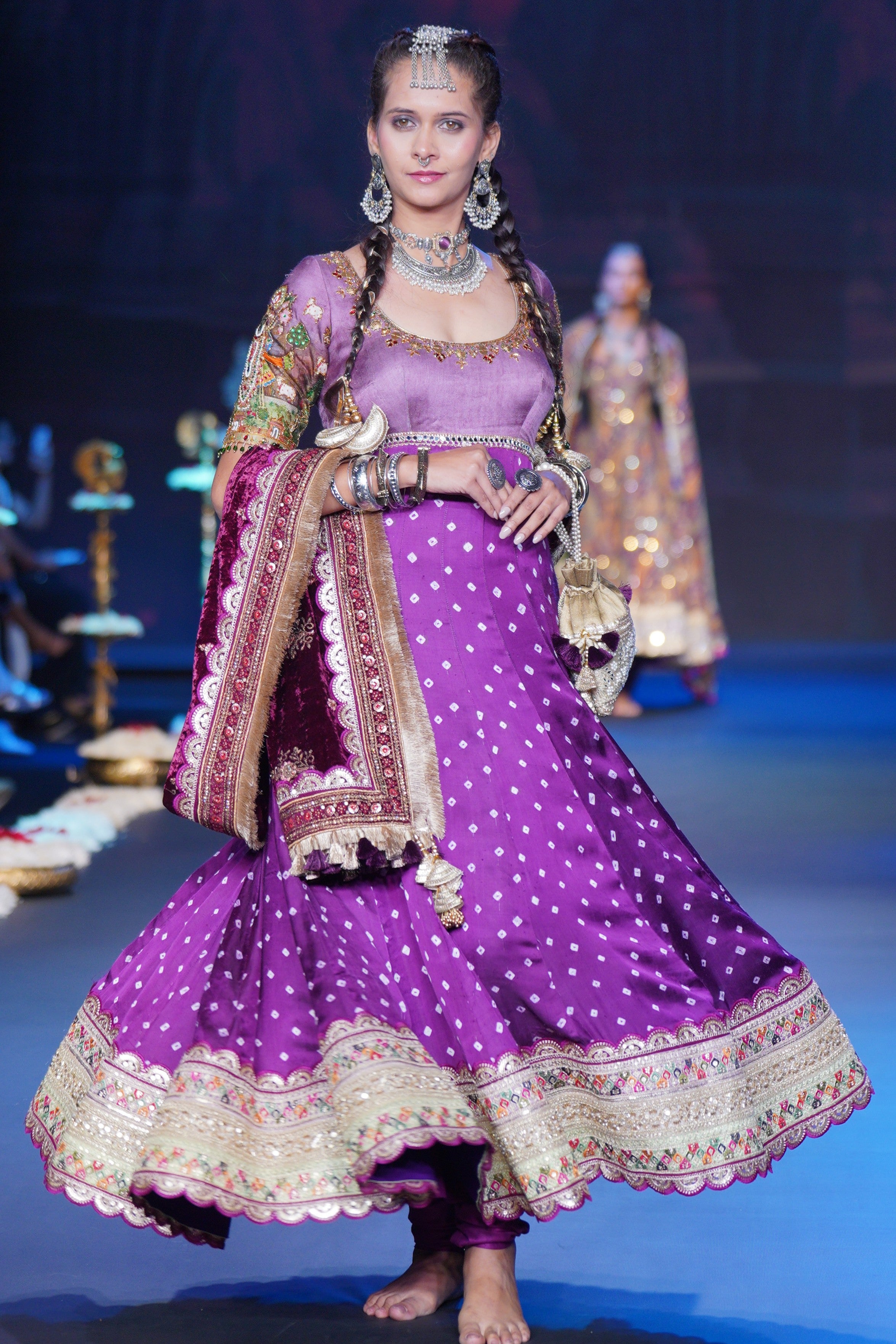 Bandhani Anarkali set with srinathji print on sleeves