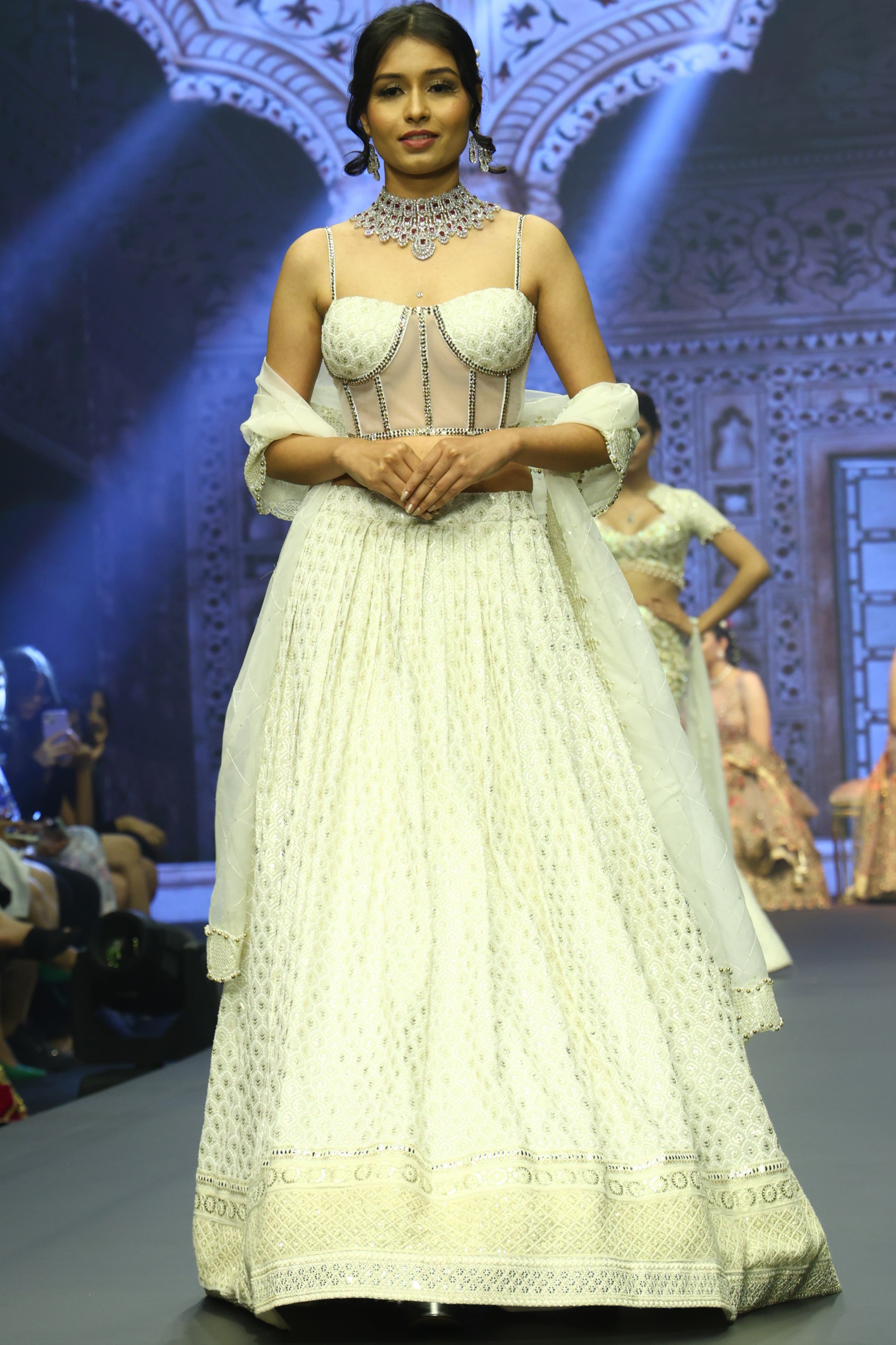 White embroidered corset lehenga set