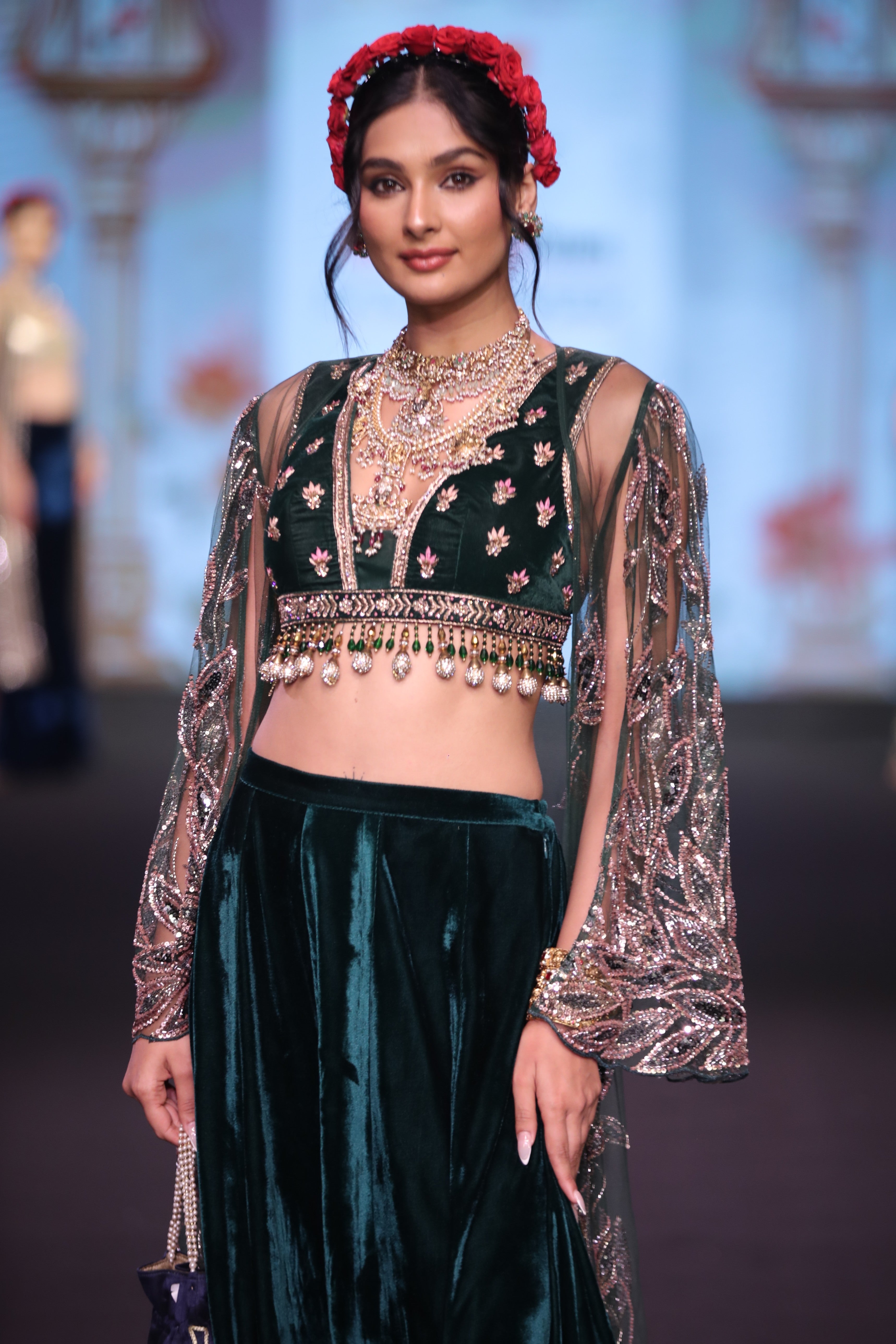Green velvet embroidered palazzo set with cape