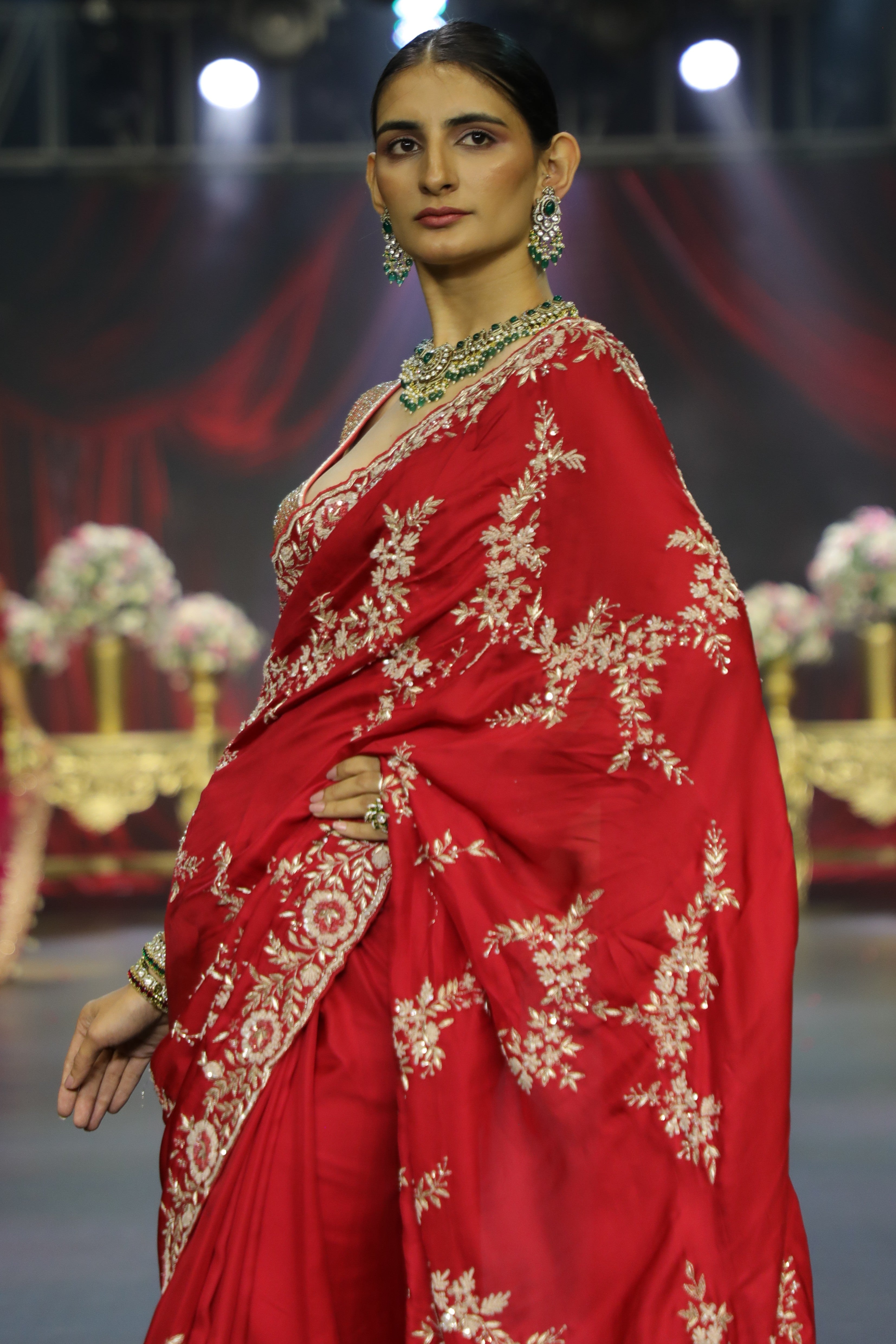 Red zardozi and cutdana work saree