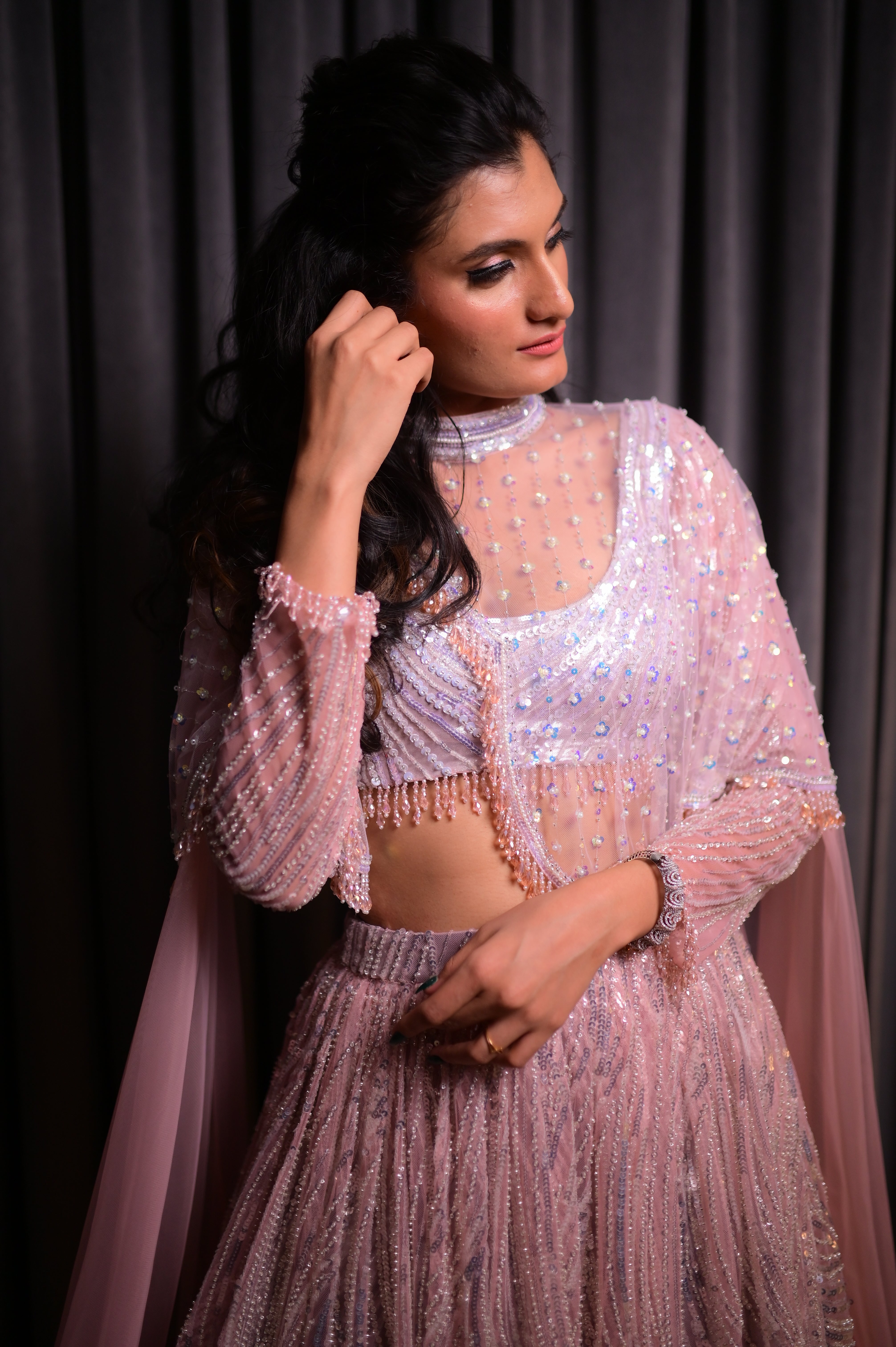 Pink sequin lehenga set with cape jacket