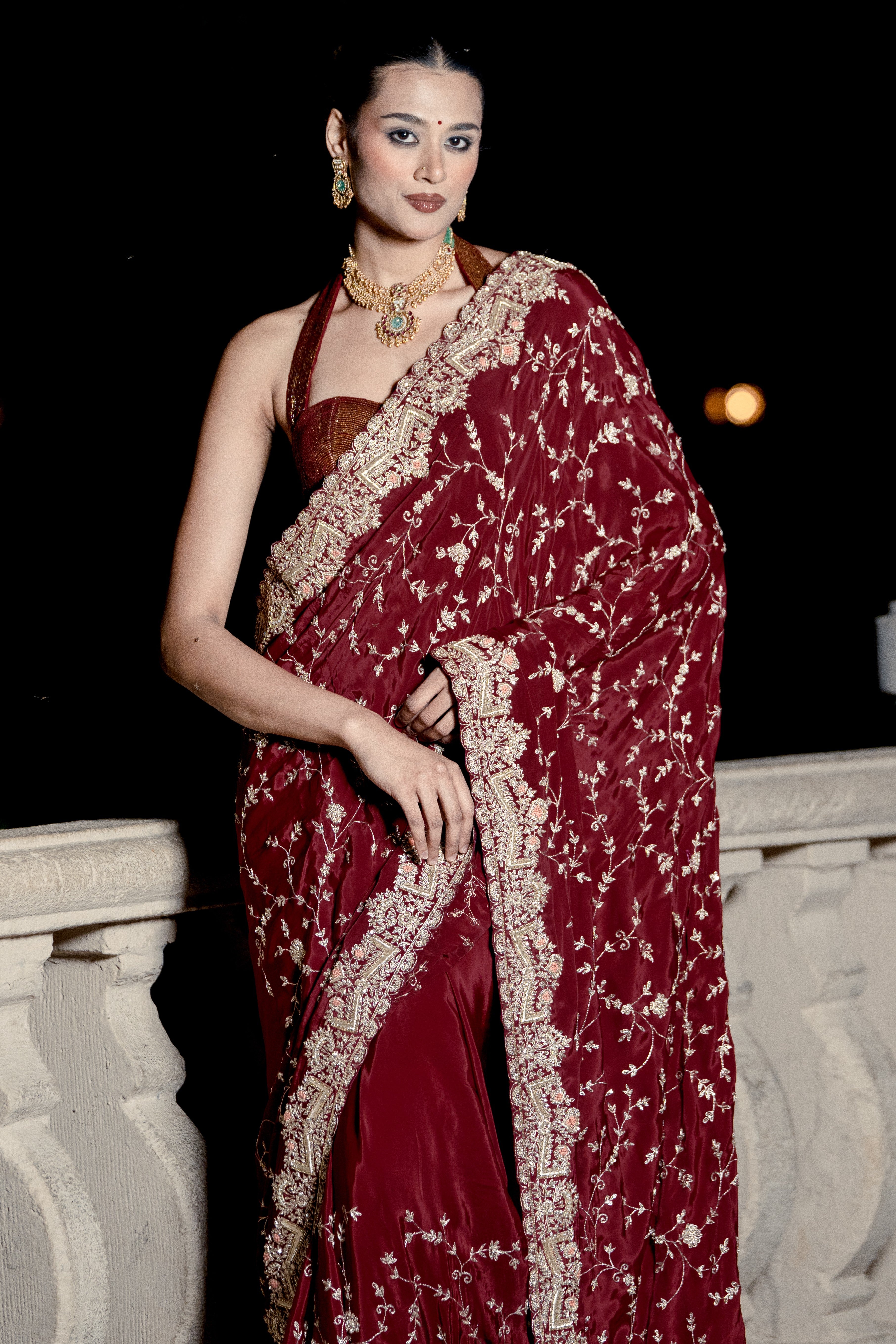Maroon embroidered saree