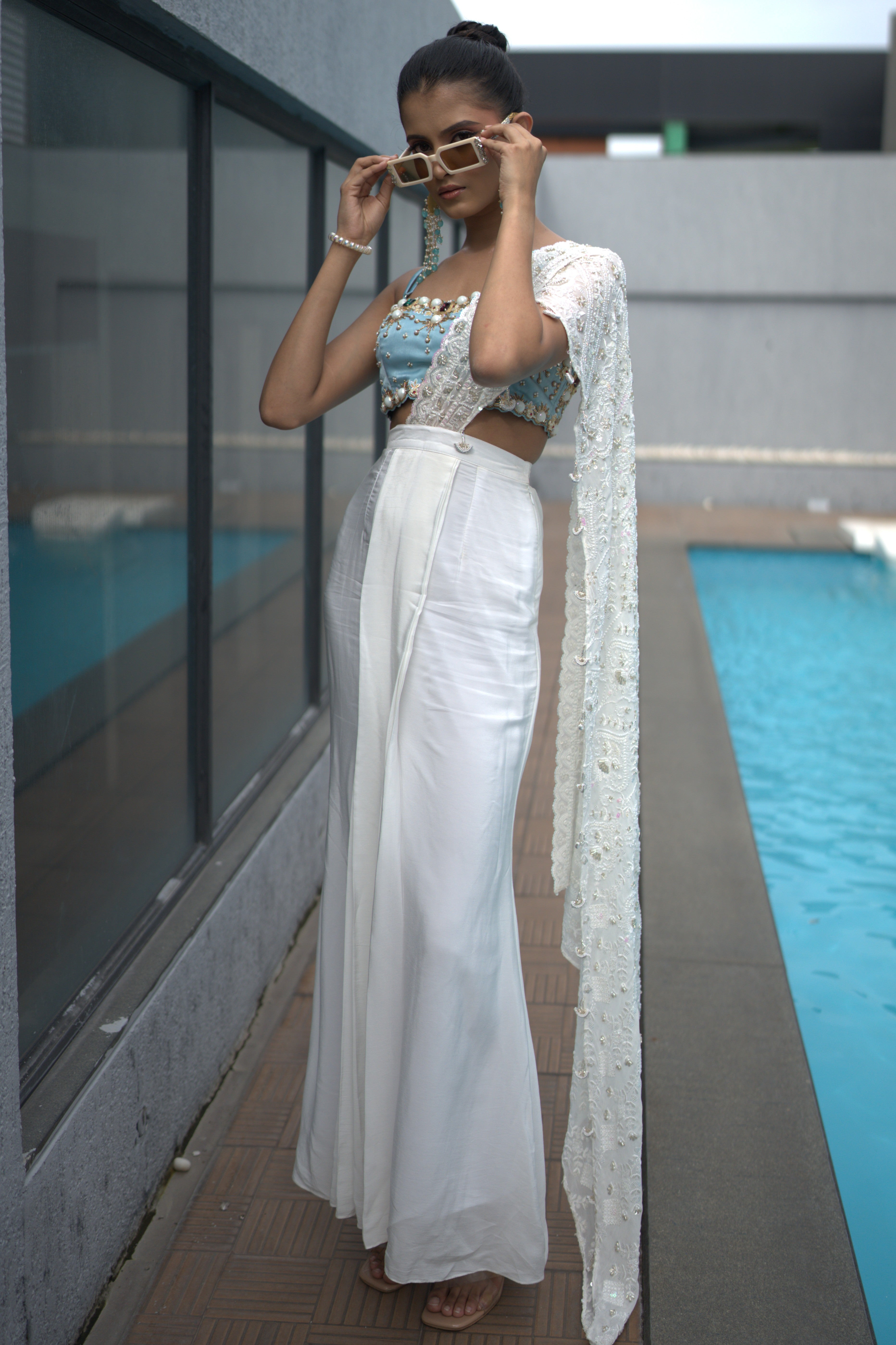 Two toned blue and white embroidered pre drape saree