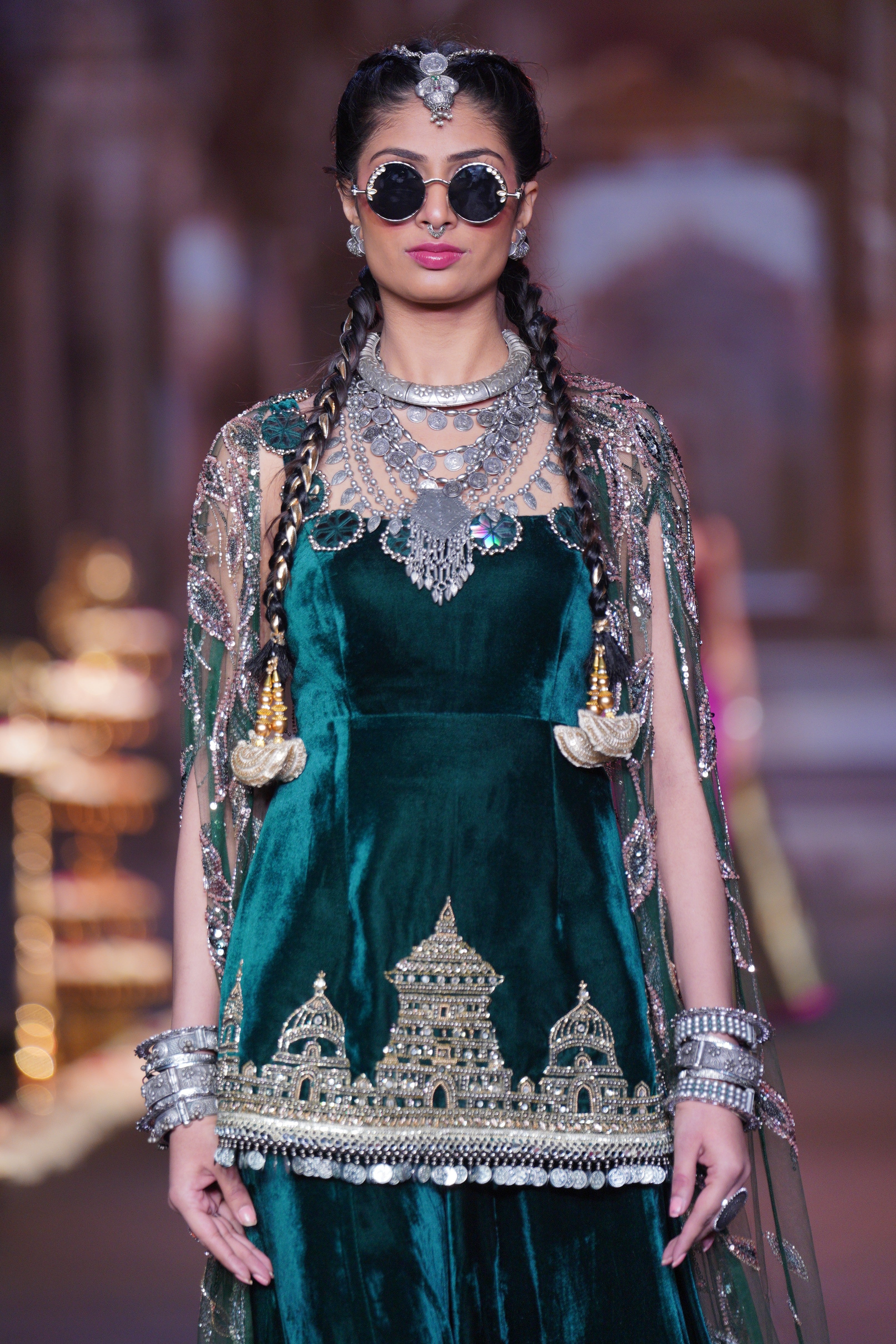 Ram mandir inspired green palazzo set with cape