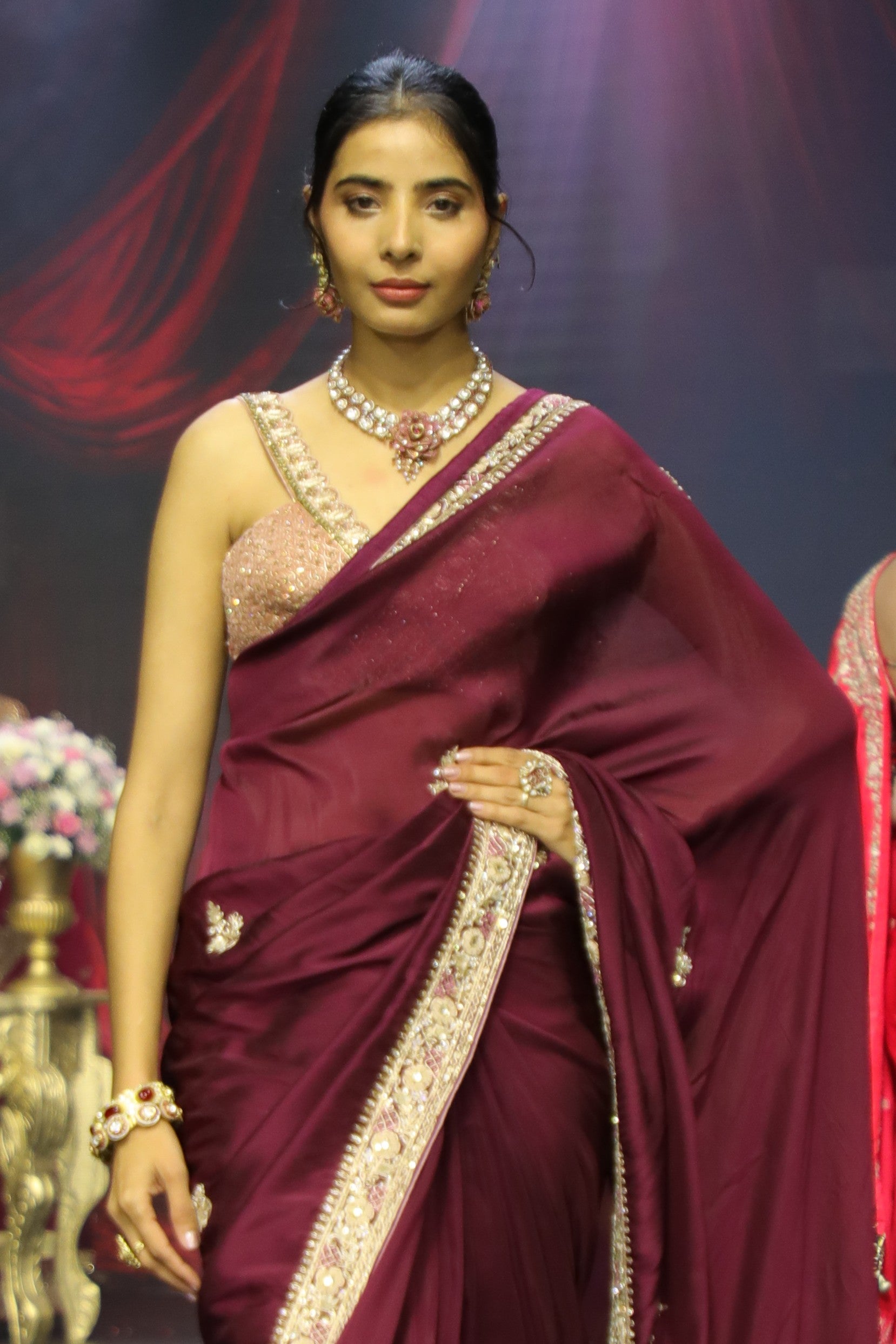 Deep magenta embroidered saree