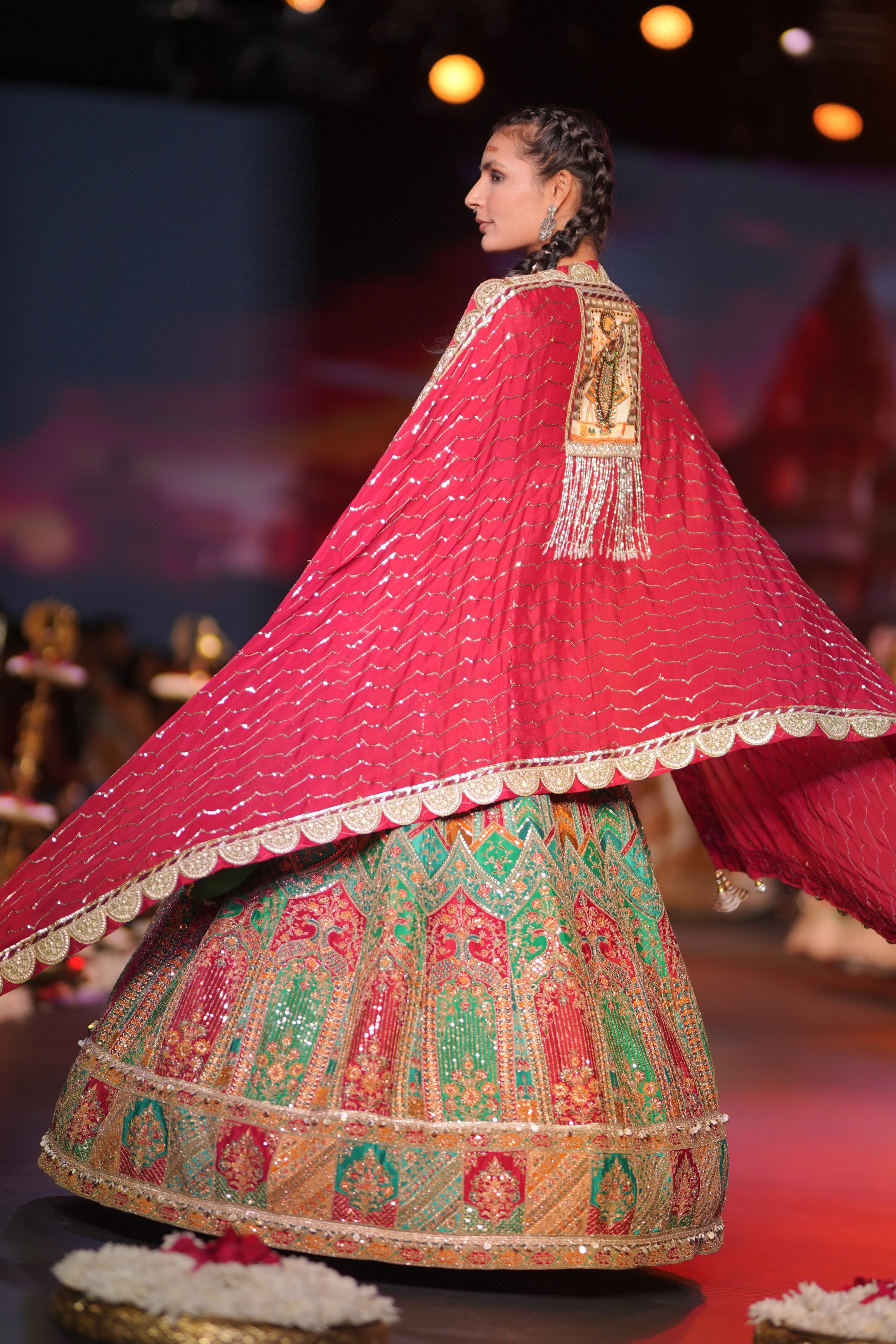 Red- Multi color raw silk embroidered lehenga set