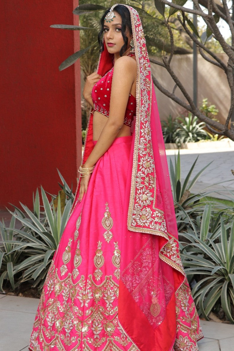 Two toned red and pink embroidered lehenga set