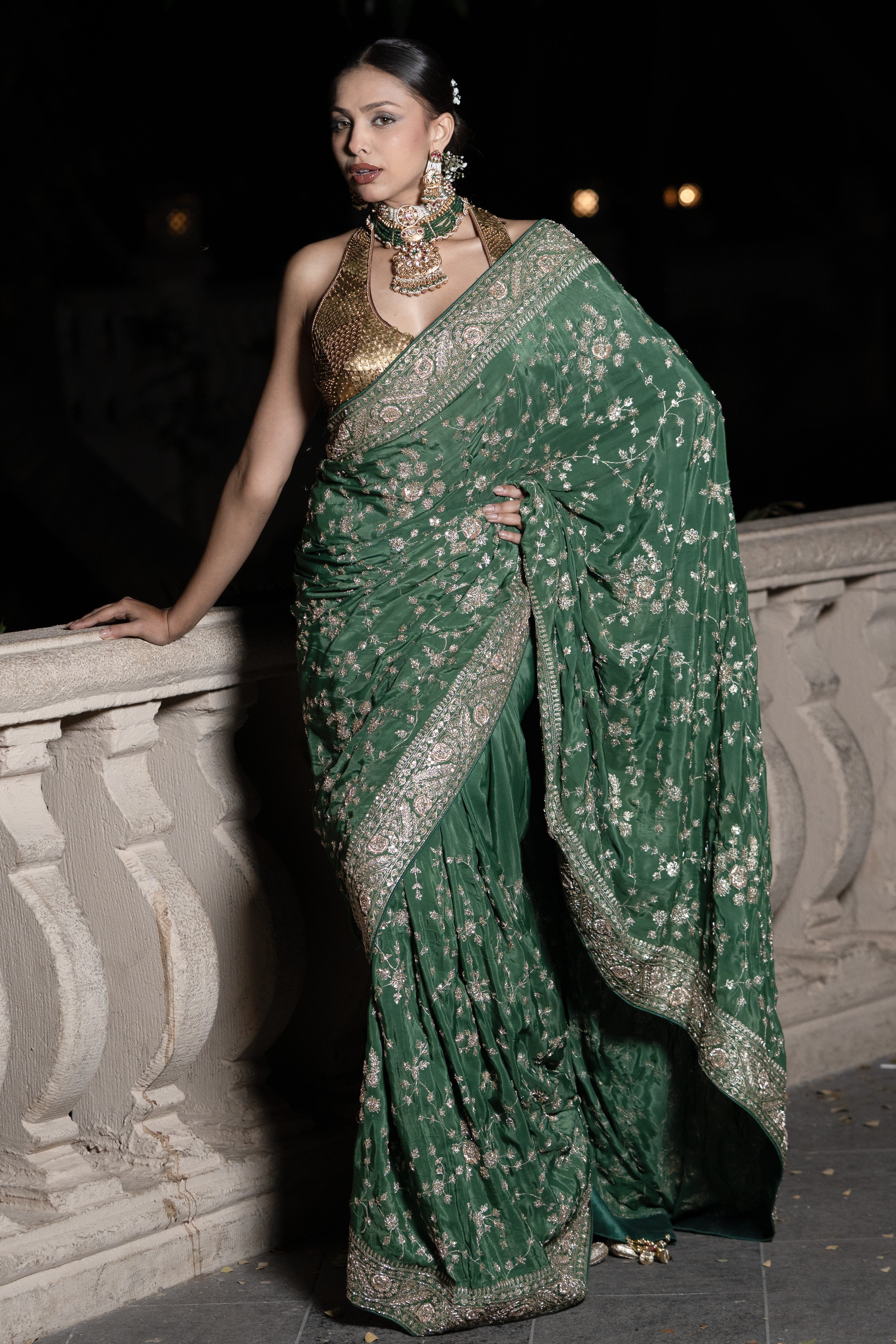 Green embroidered saree
