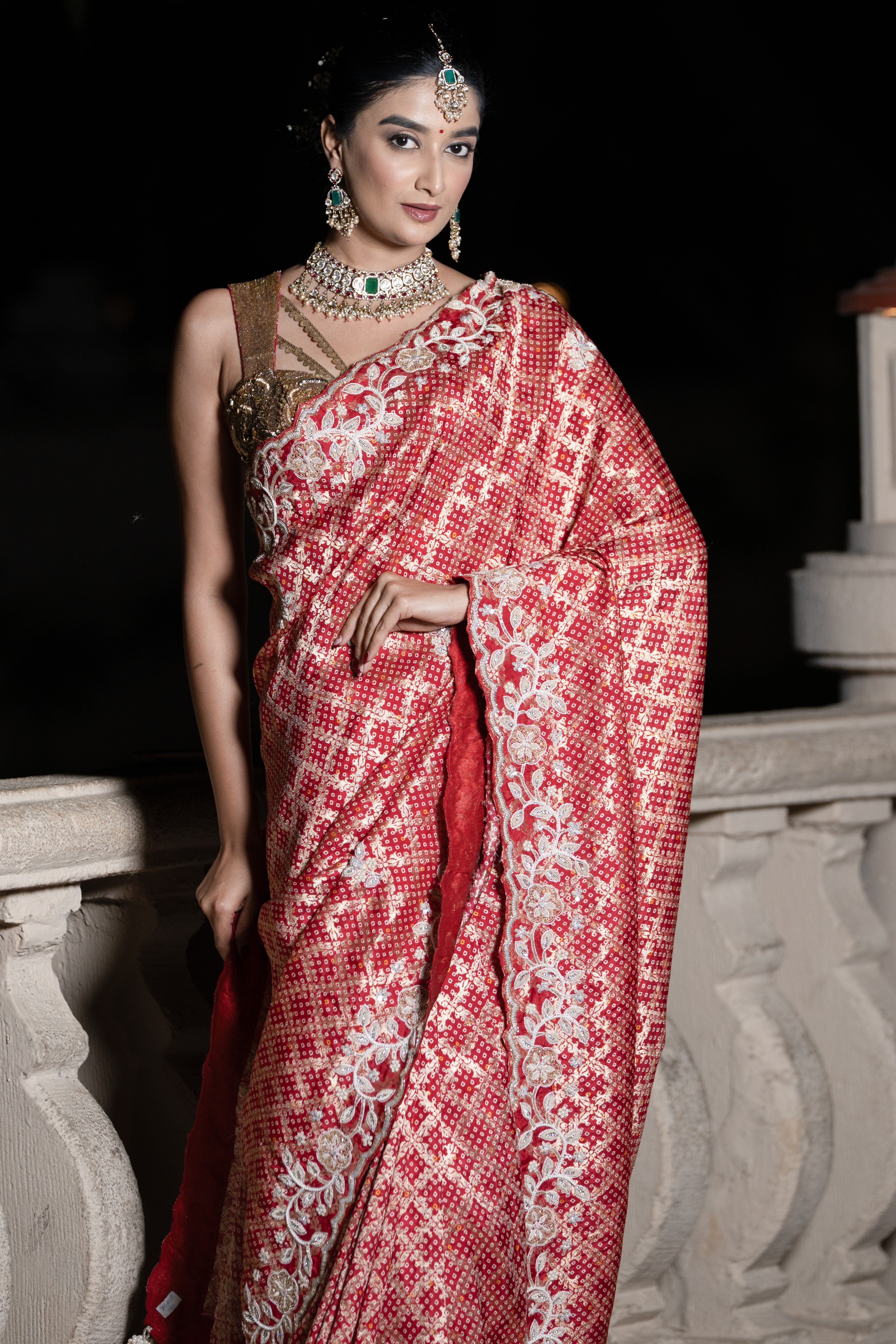 Red bandhani embroidered saree