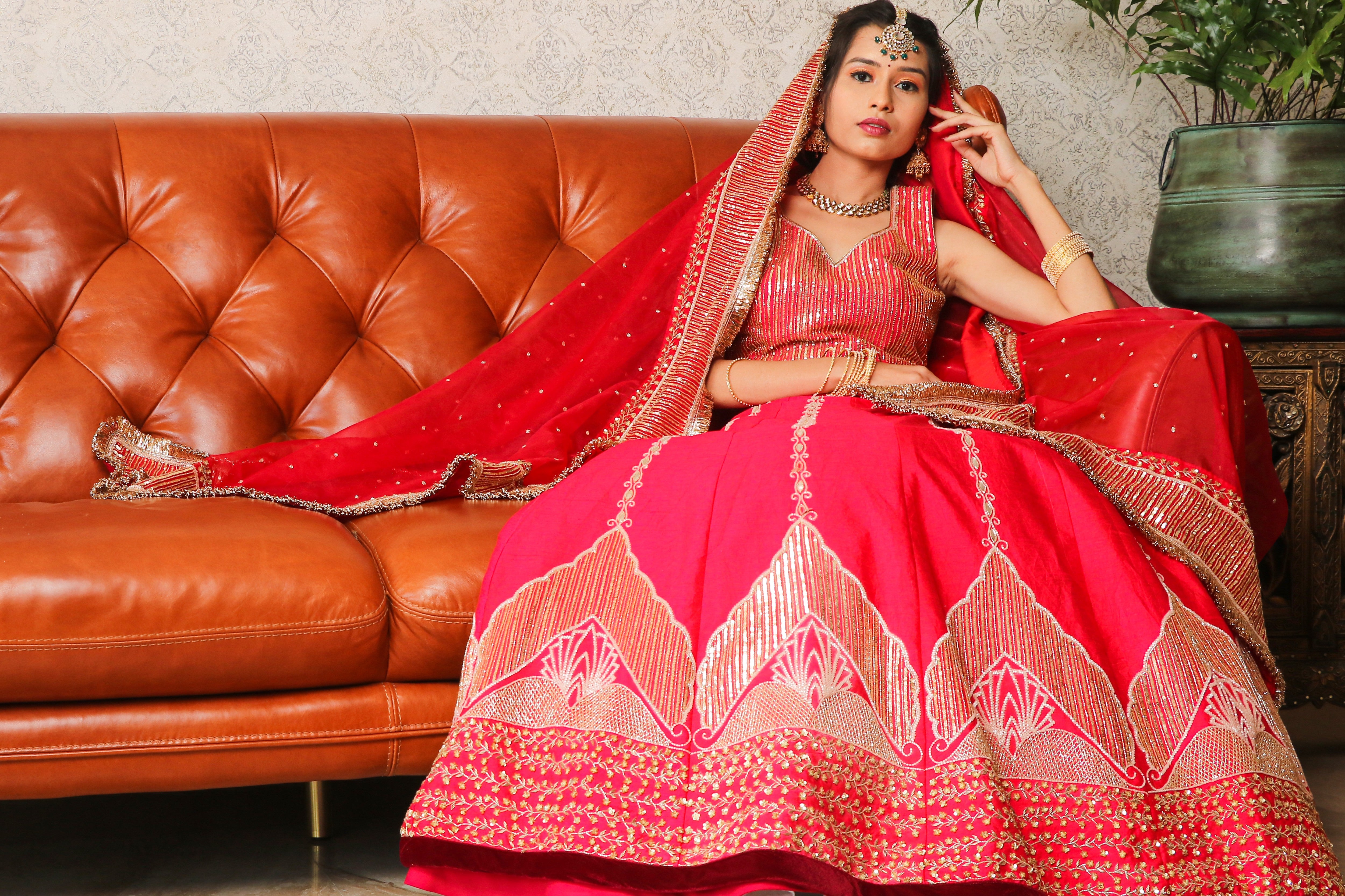 Red cutdana raw silk lehenga set