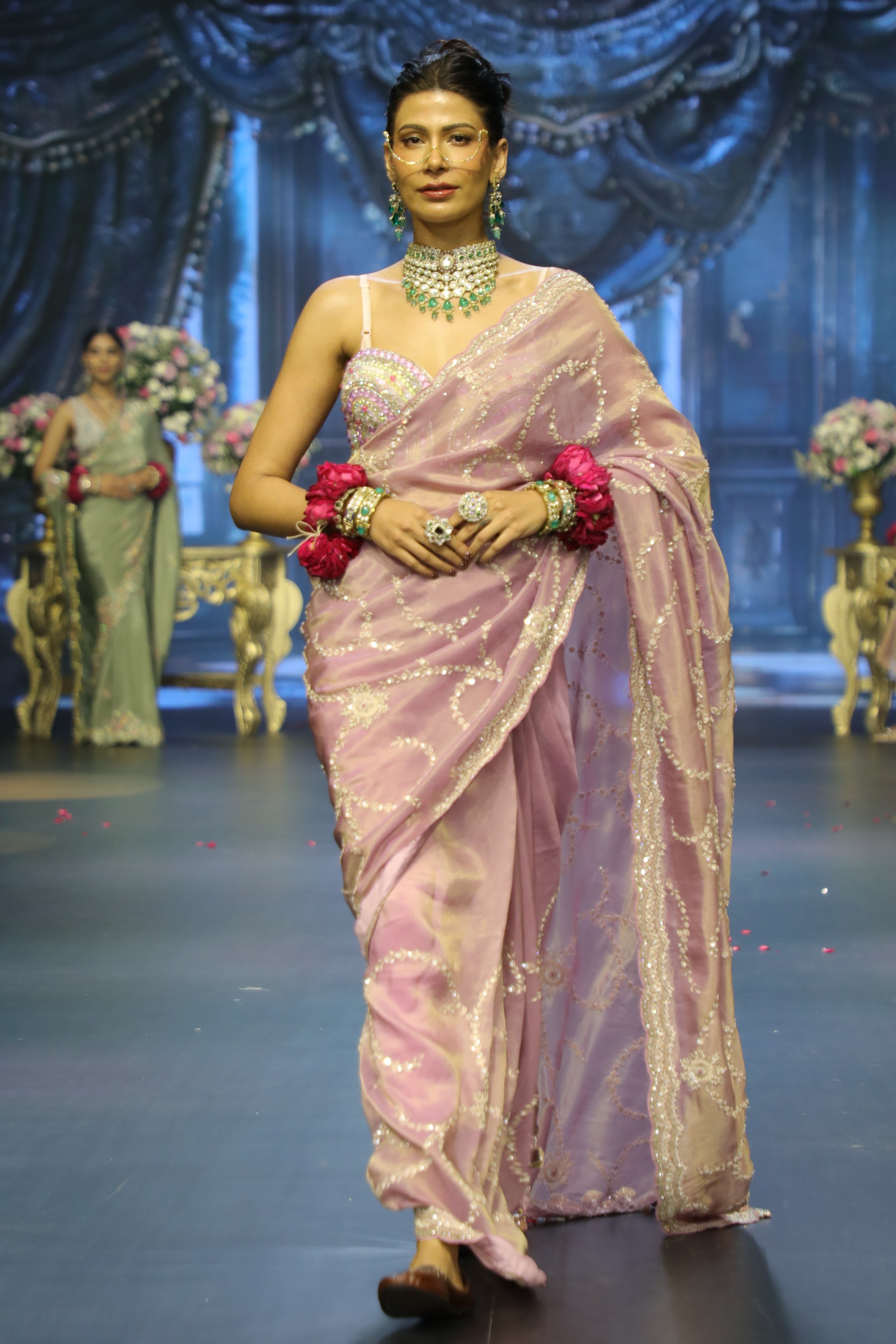 Pink Tissue Embroidered Saree