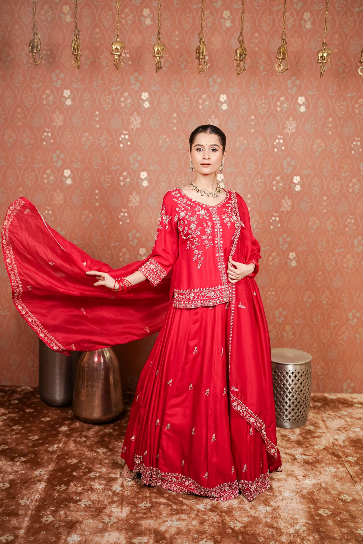 Red Silk Embroidered Lehenga Set