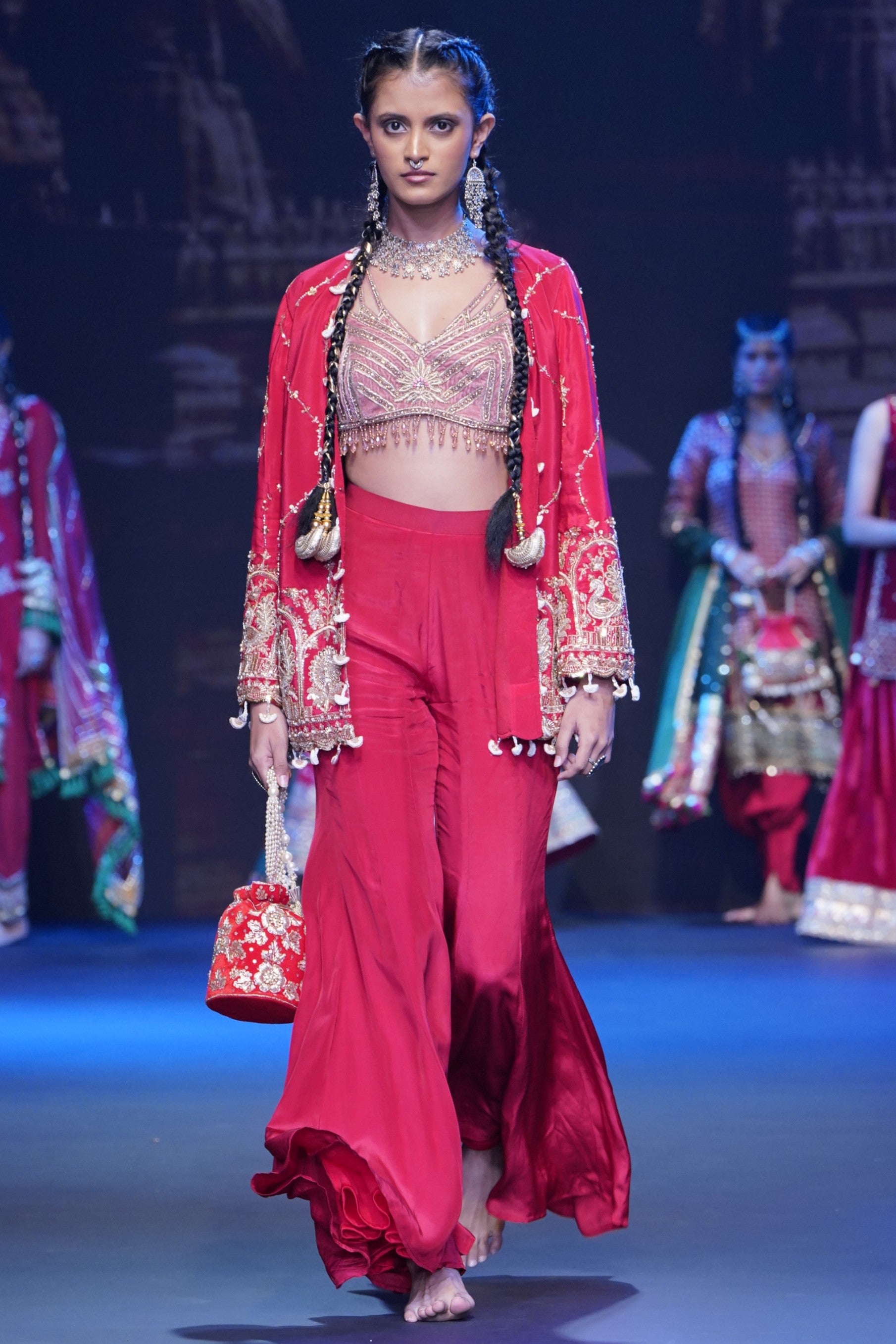 Red three- piece jacket and palazzo set