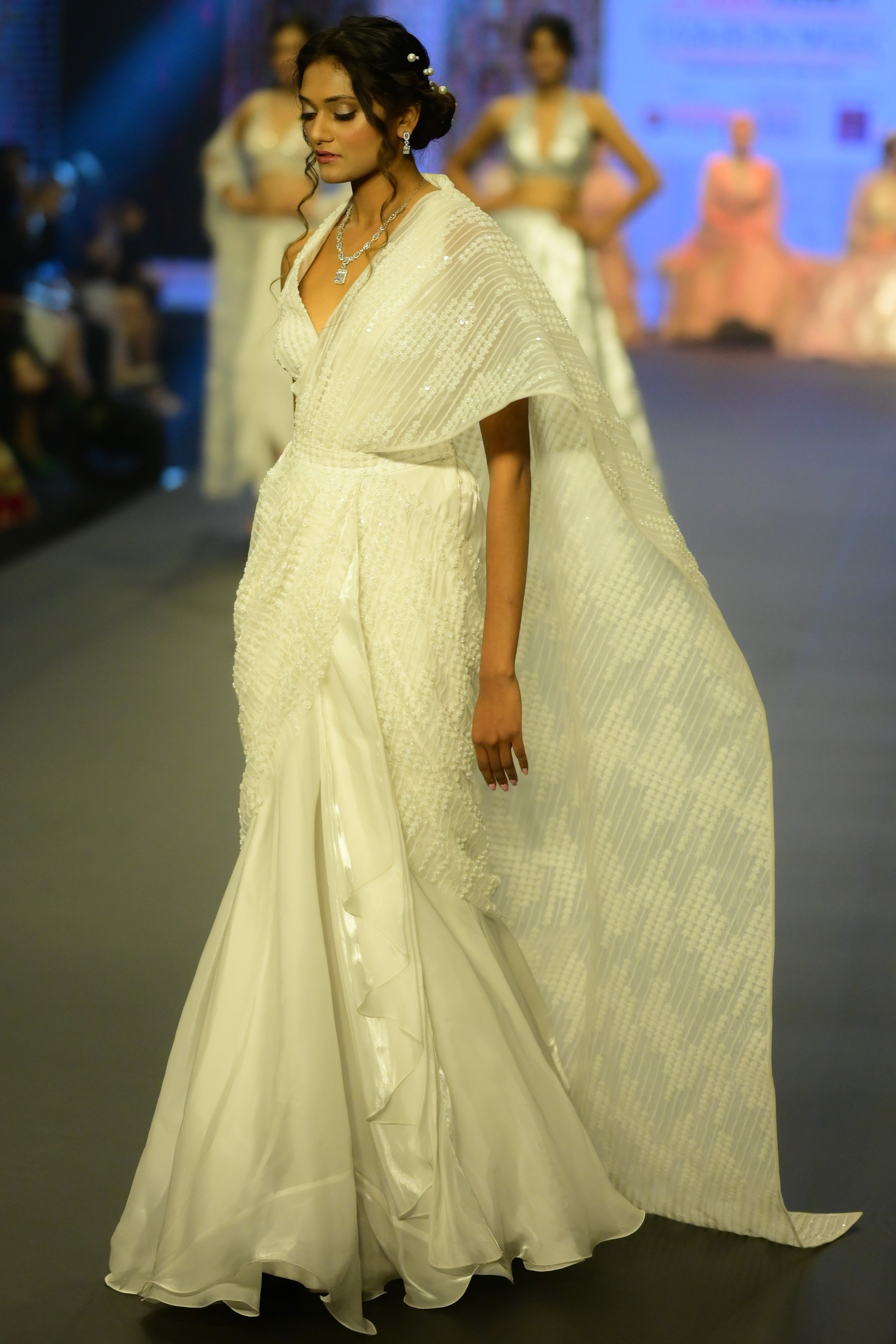 White sequin pre drape saree