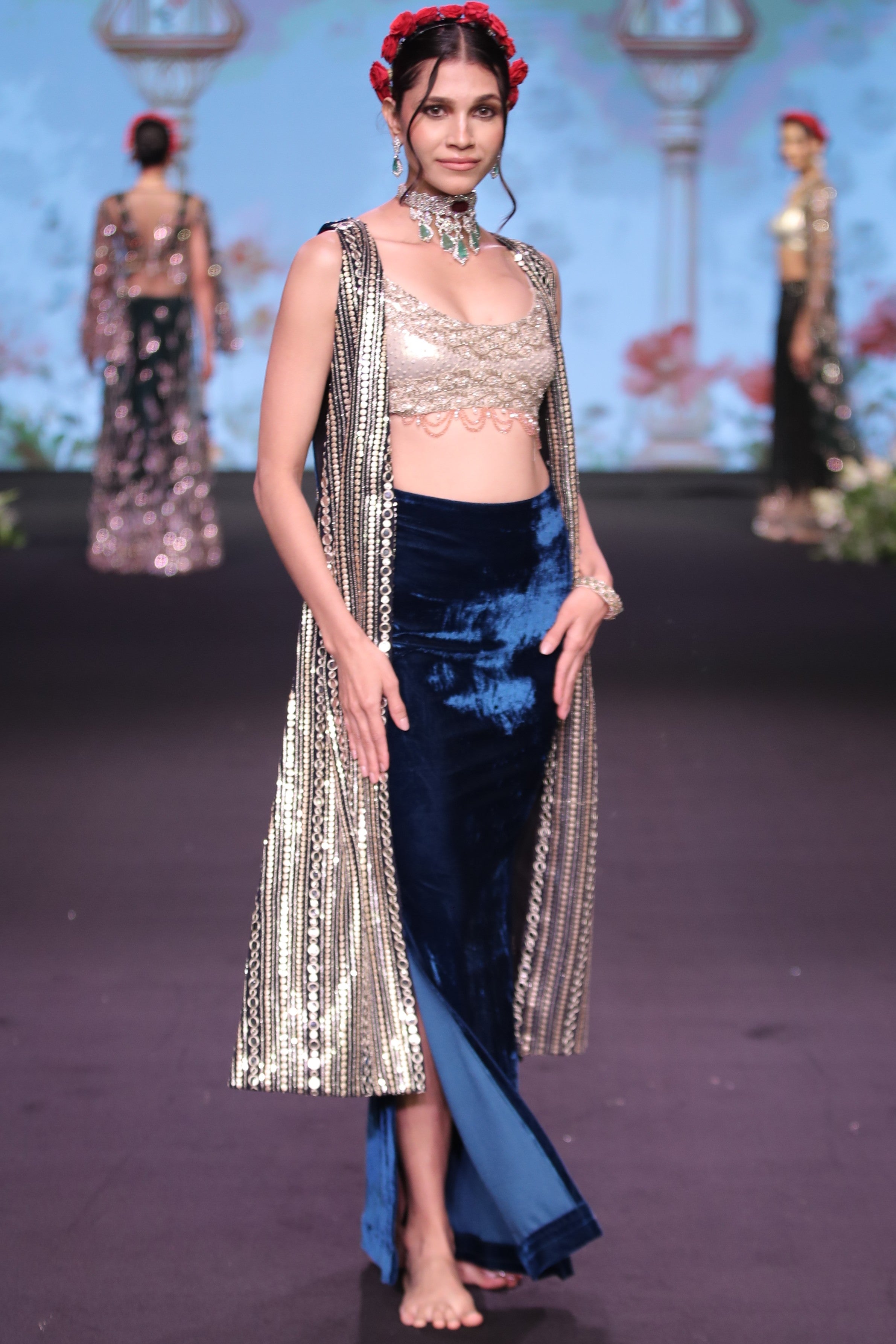 Navy blue embroidered three- piece set