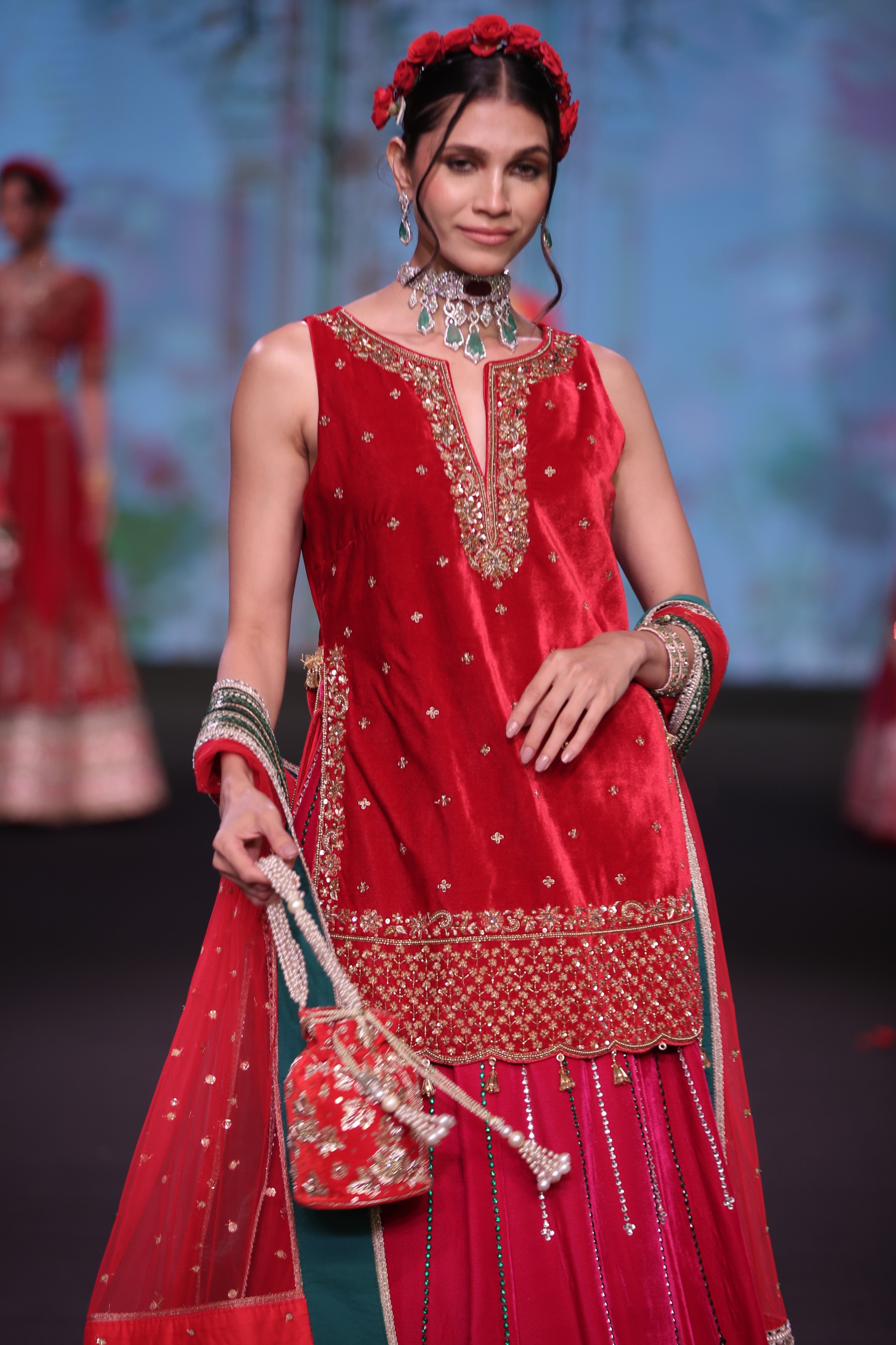 Dual tone red and pink applique work lehenga set
