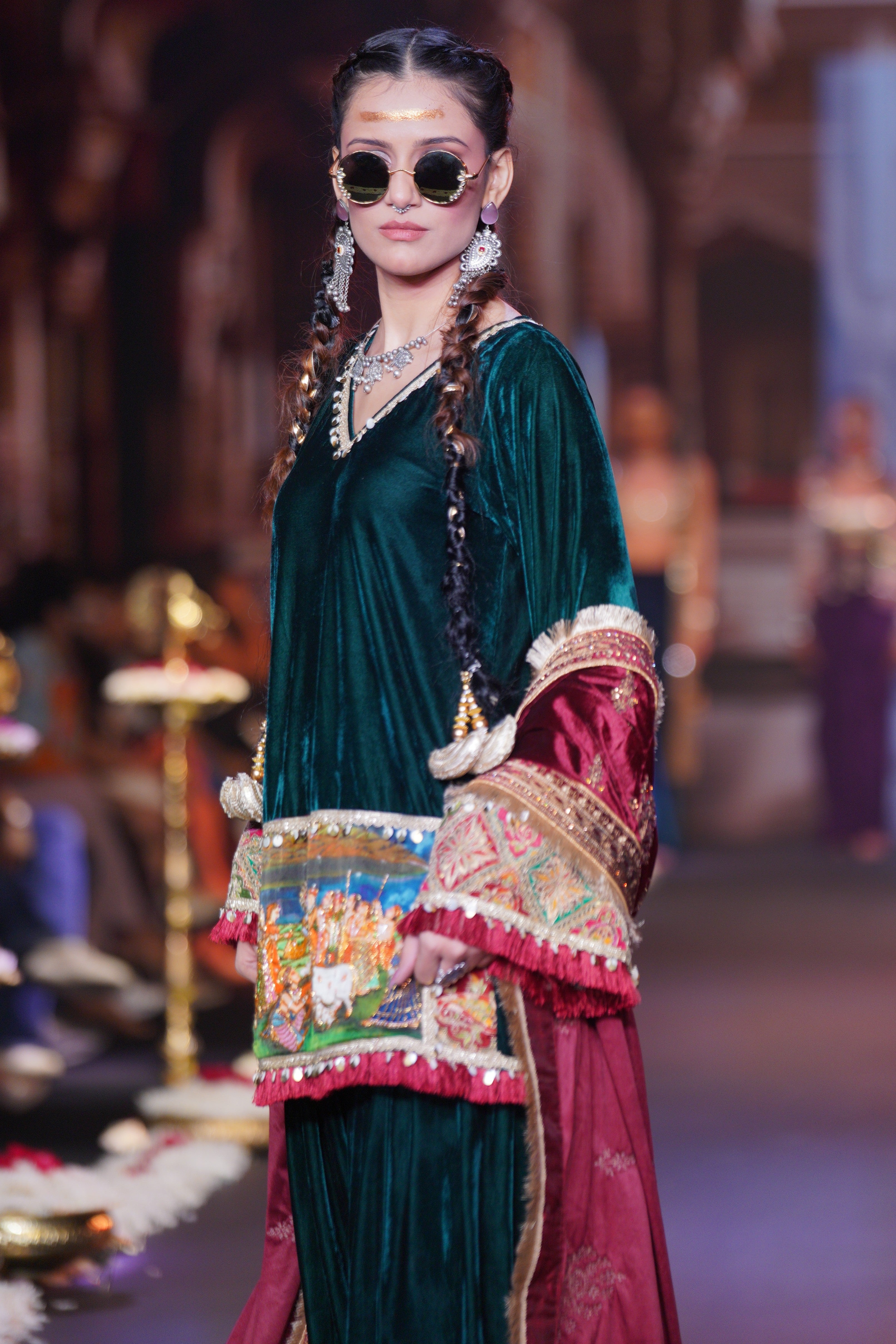 Green kurta with Krishna print embroidered set