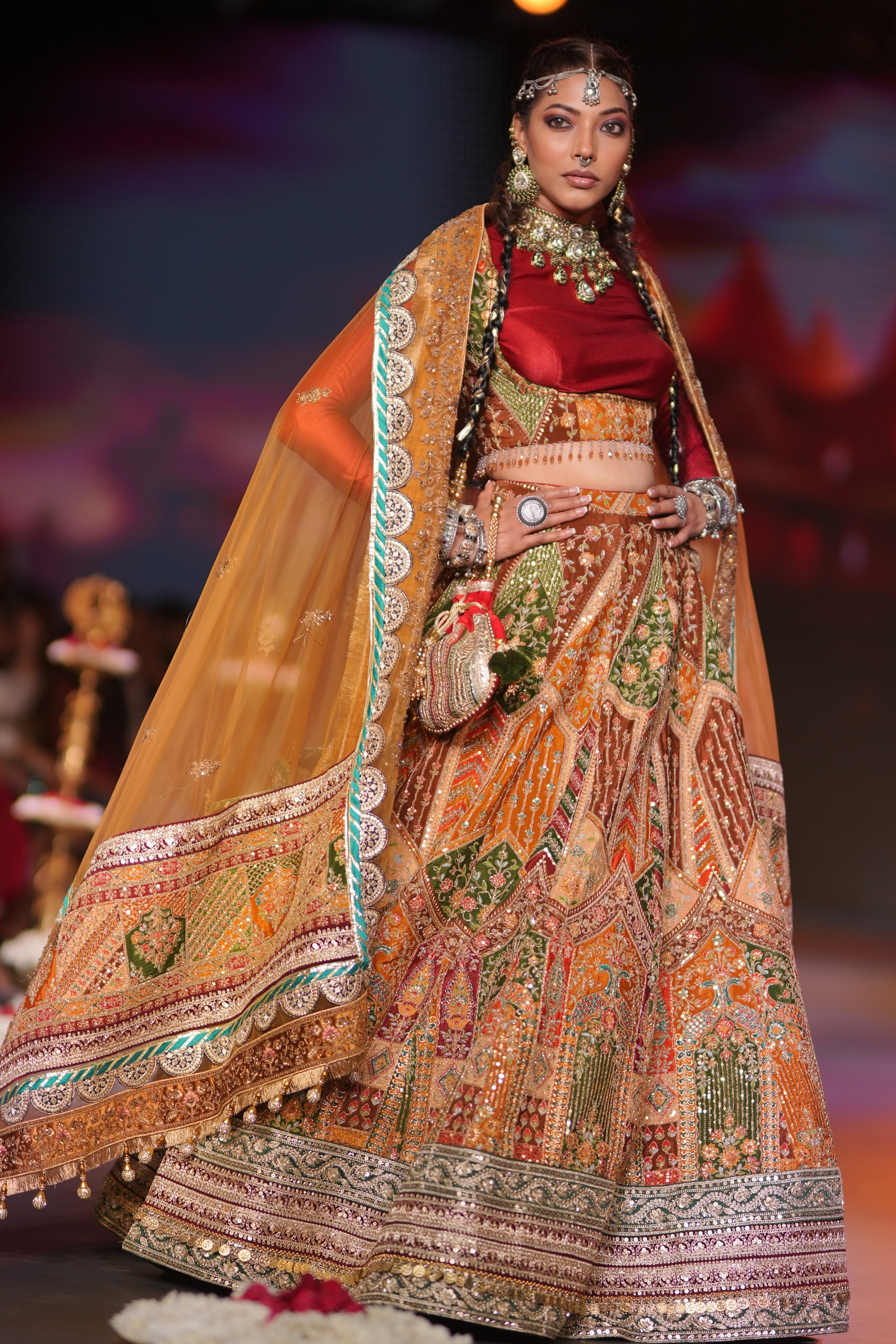 Dual tone red and multi color embroidered lehenga set