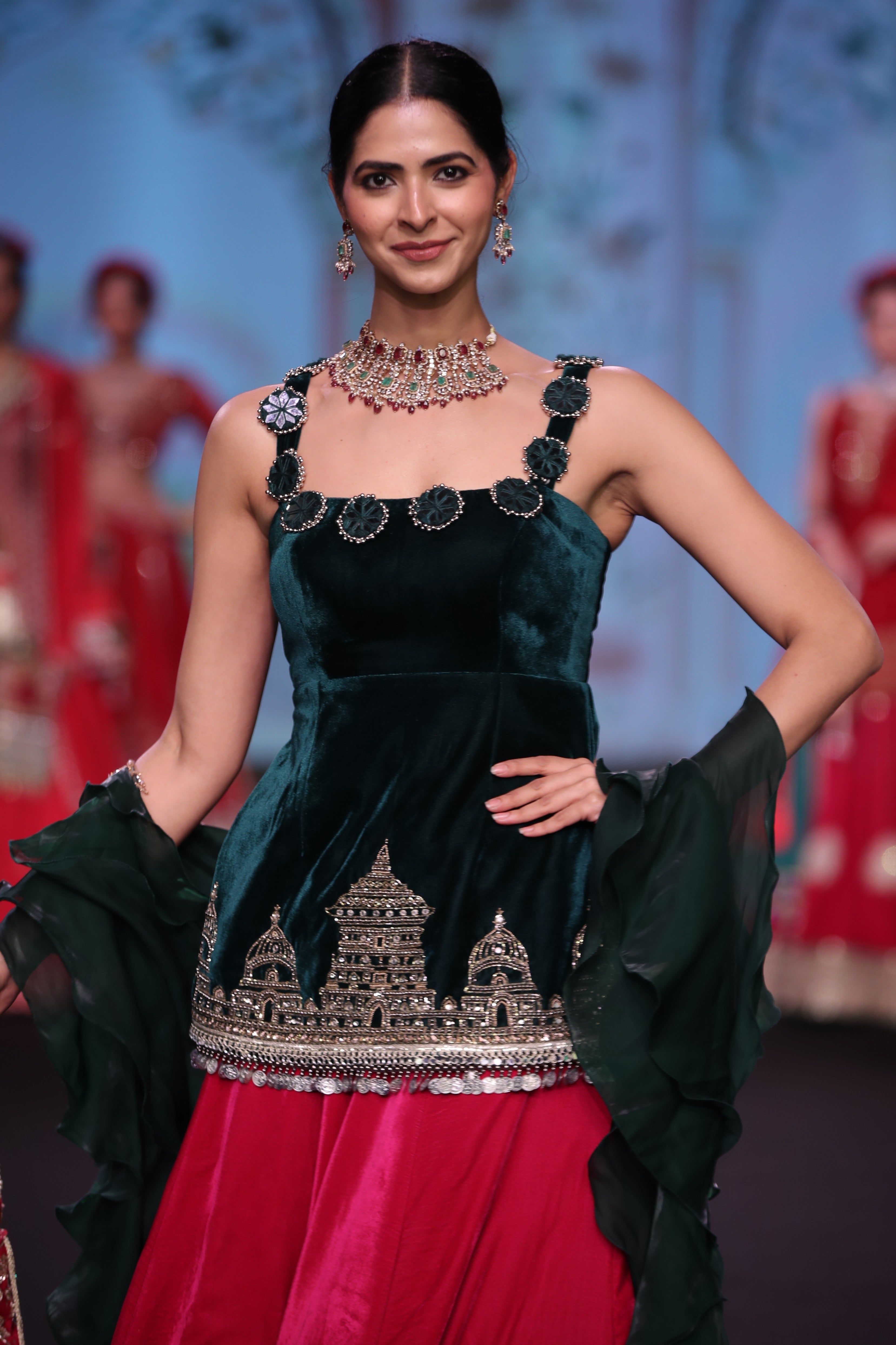Dual tone green and pink ram mandir inspired lehenga set