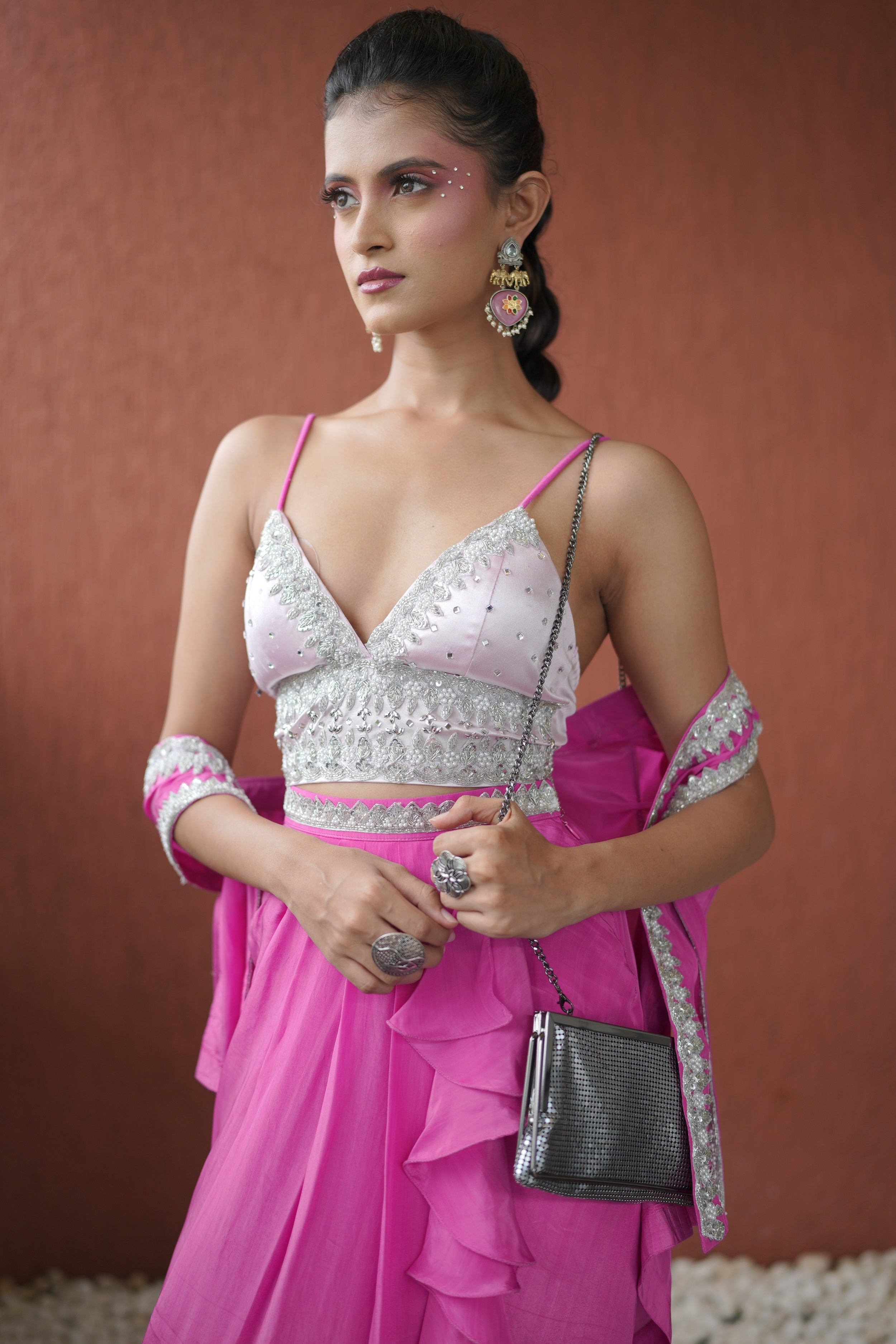 Pink embroidered three – piece set