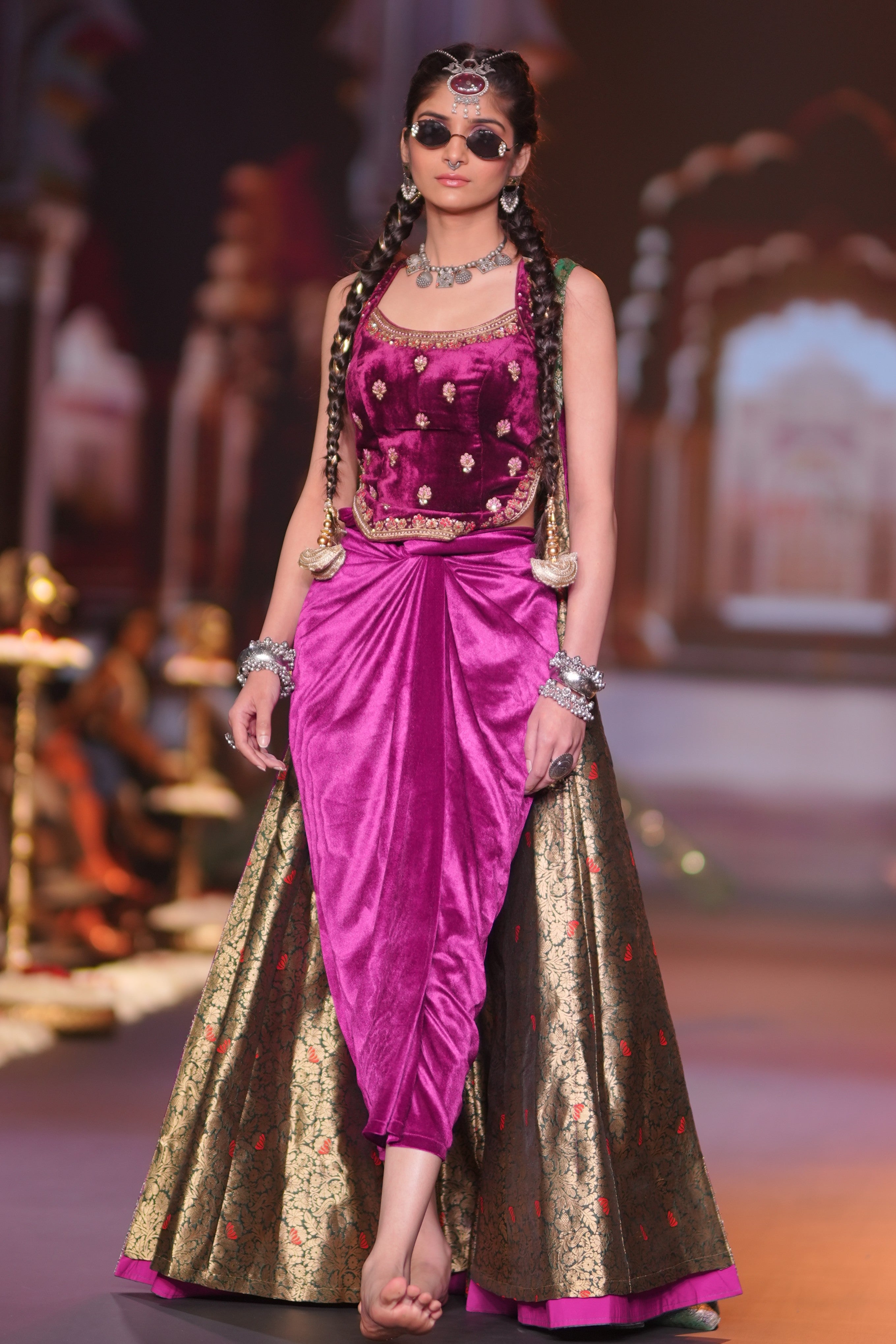 Purple embroidered with Srinathji print three- piece set