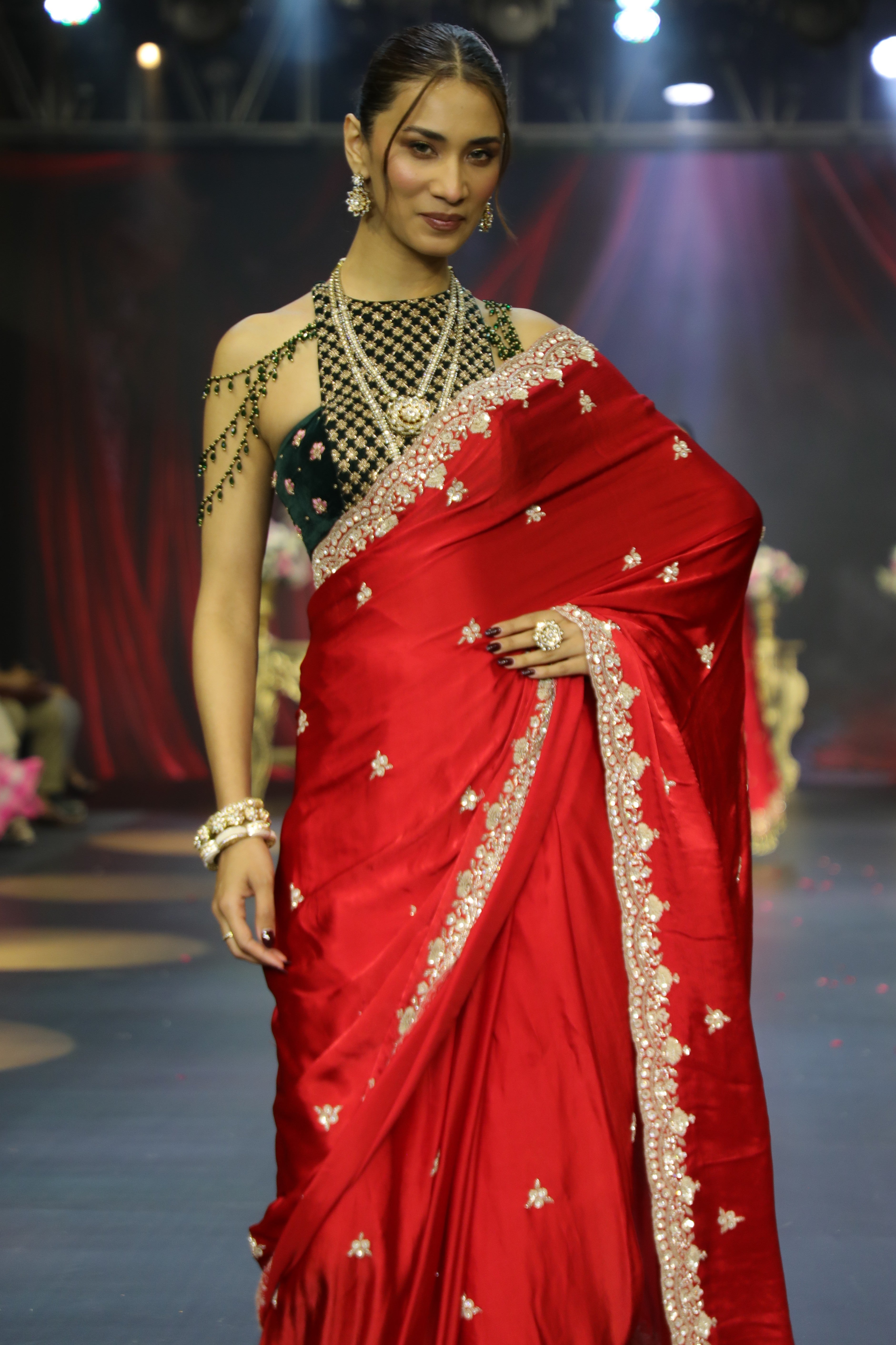 Red embroidered saree