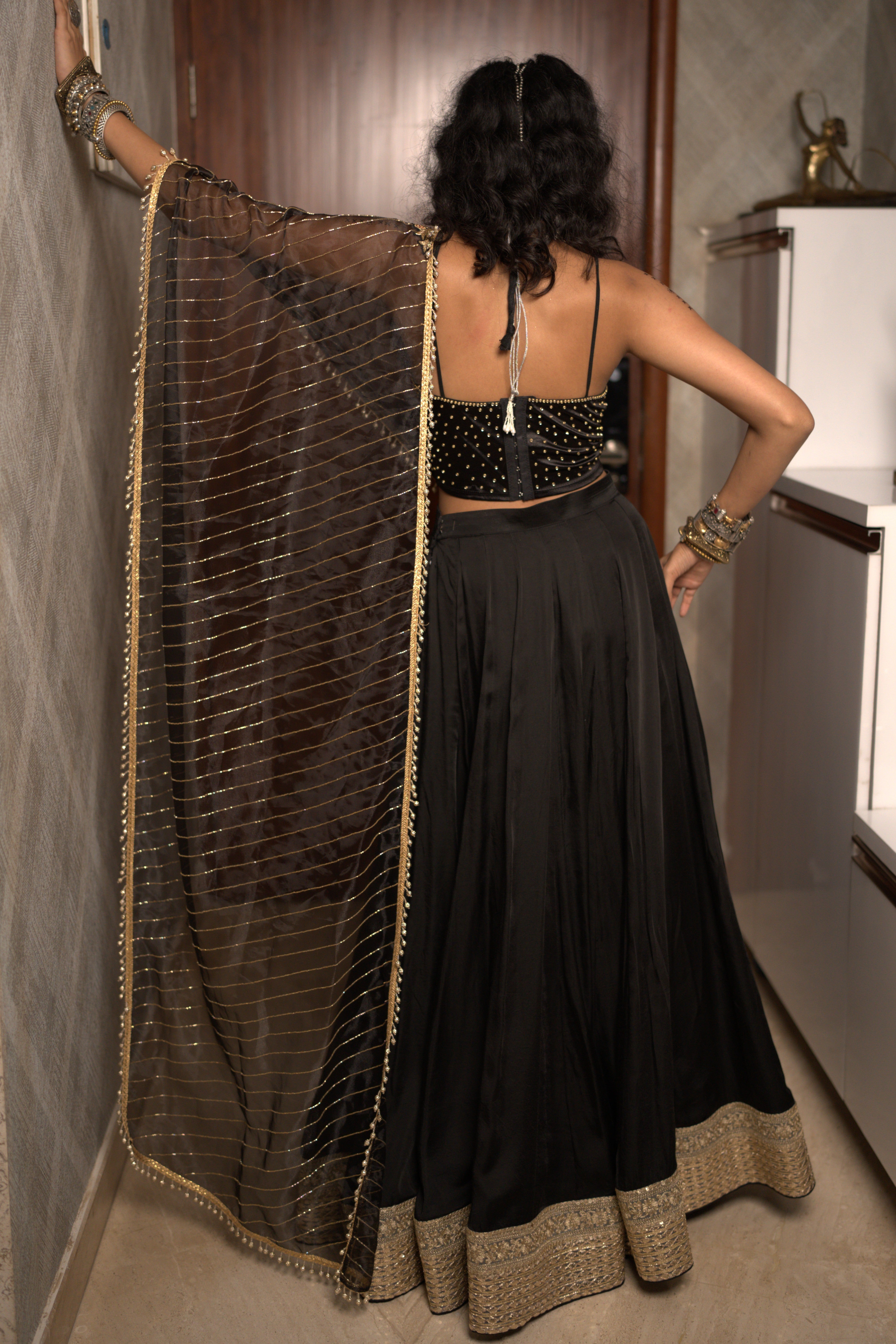 Black cutdana embroidered lehenga set