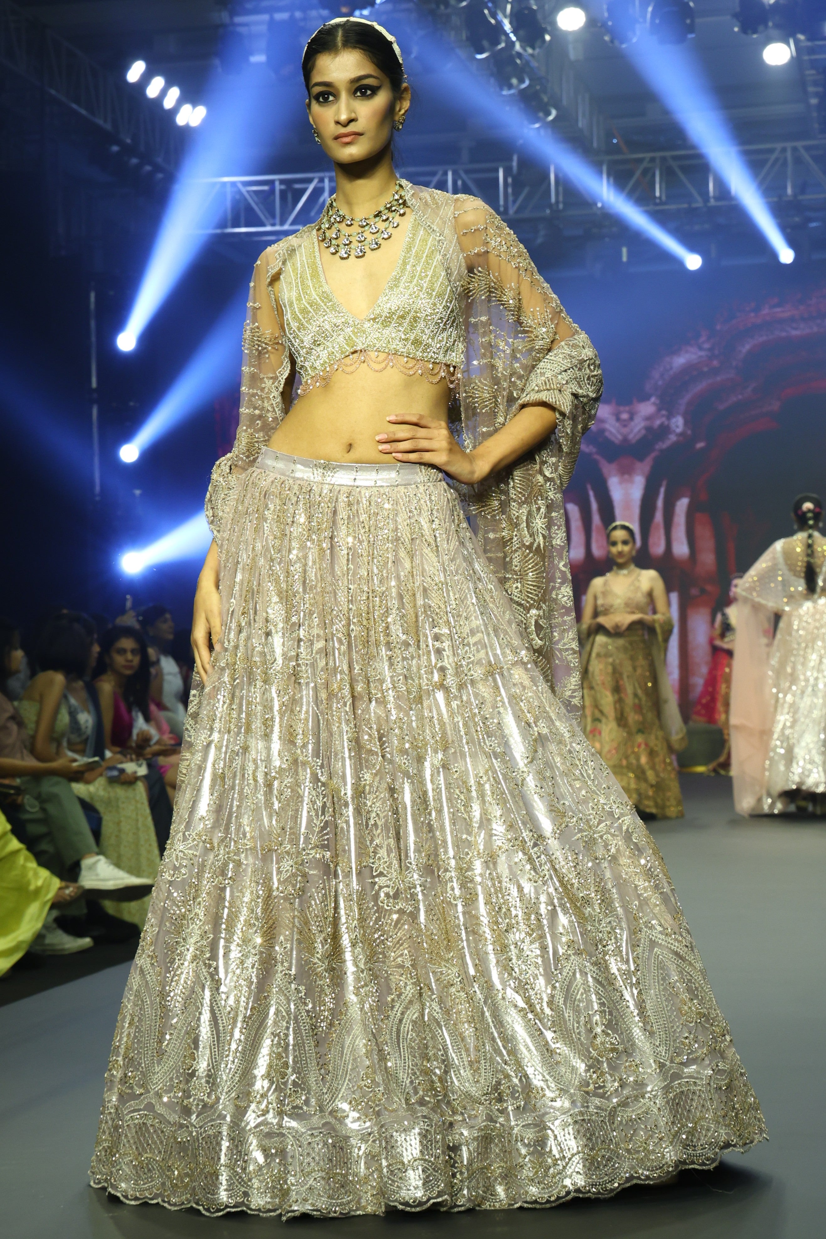 Gold metallic cutdana embroidery lehenga set
