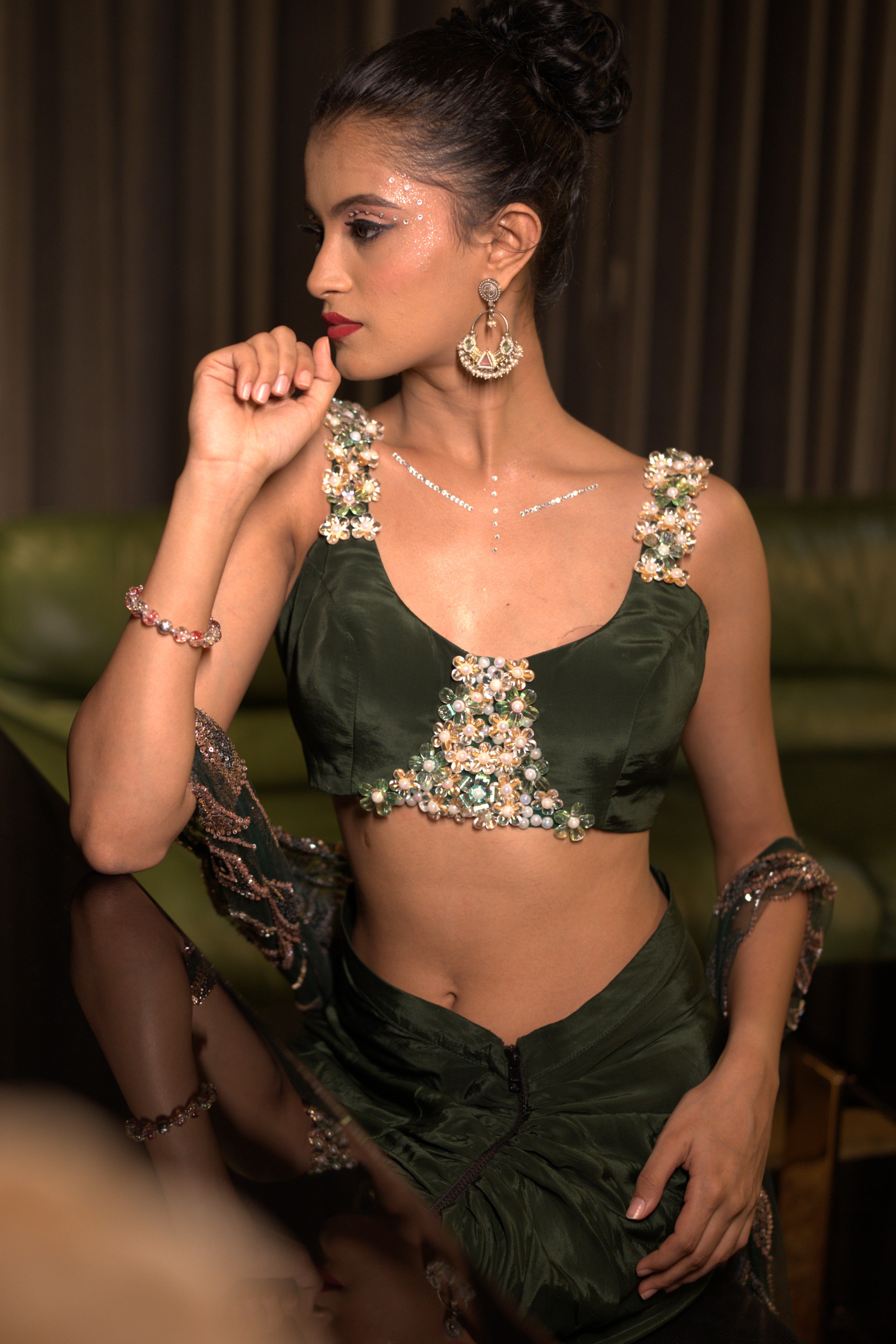 Bottle green embroidered three- piece set with long cape