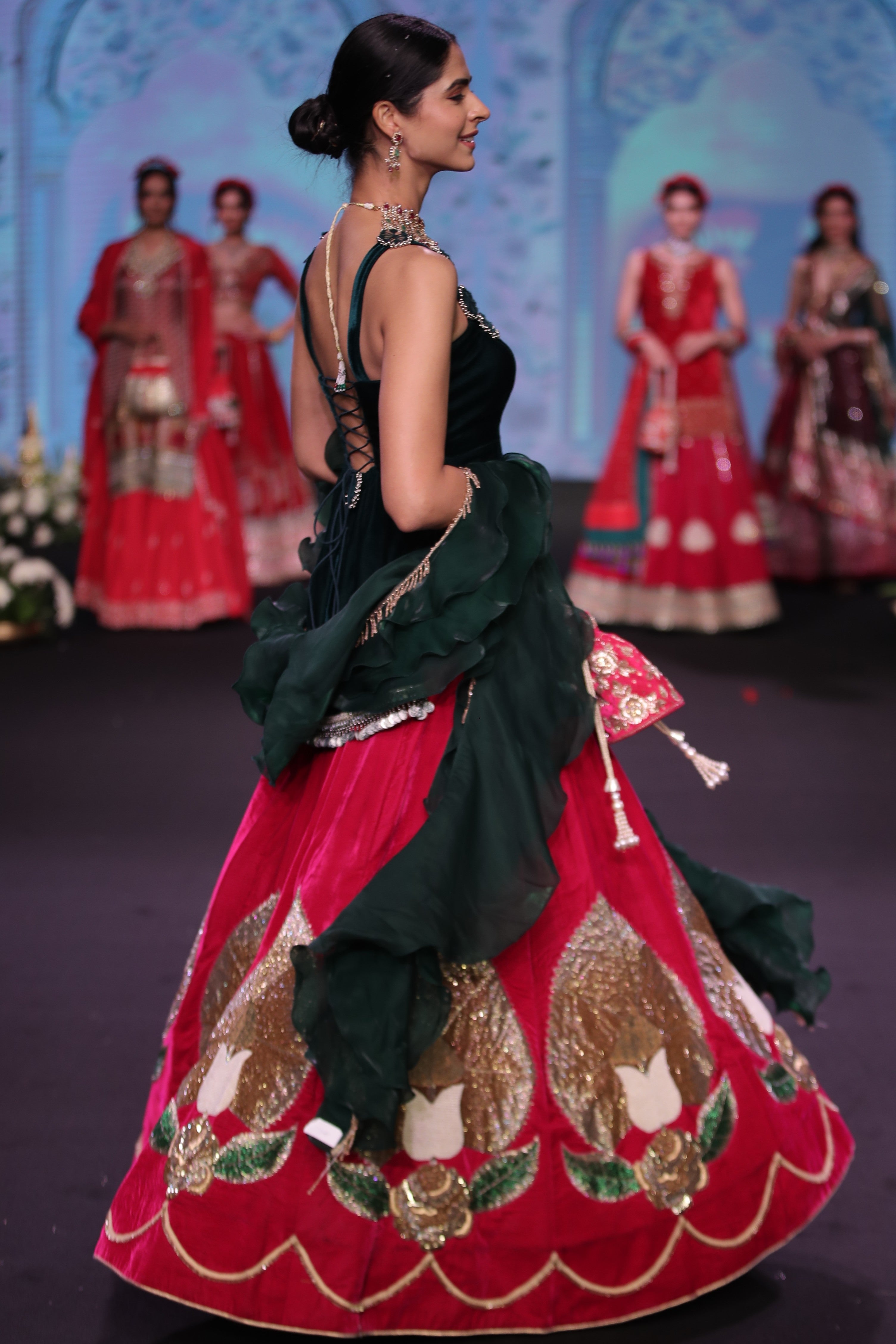 Dual tone green and pink ram mandir inspired lehenga set