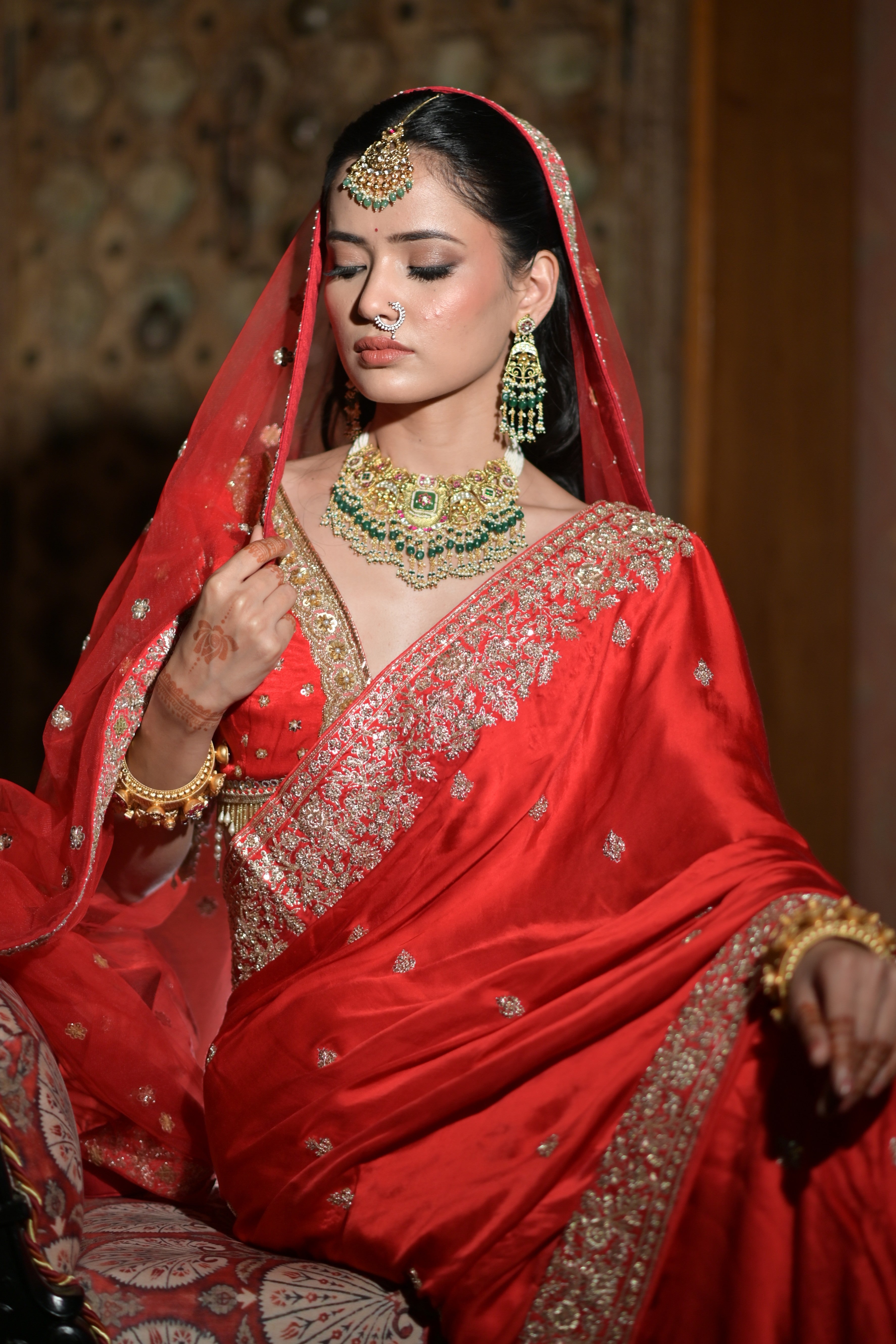 Red embroidered saree