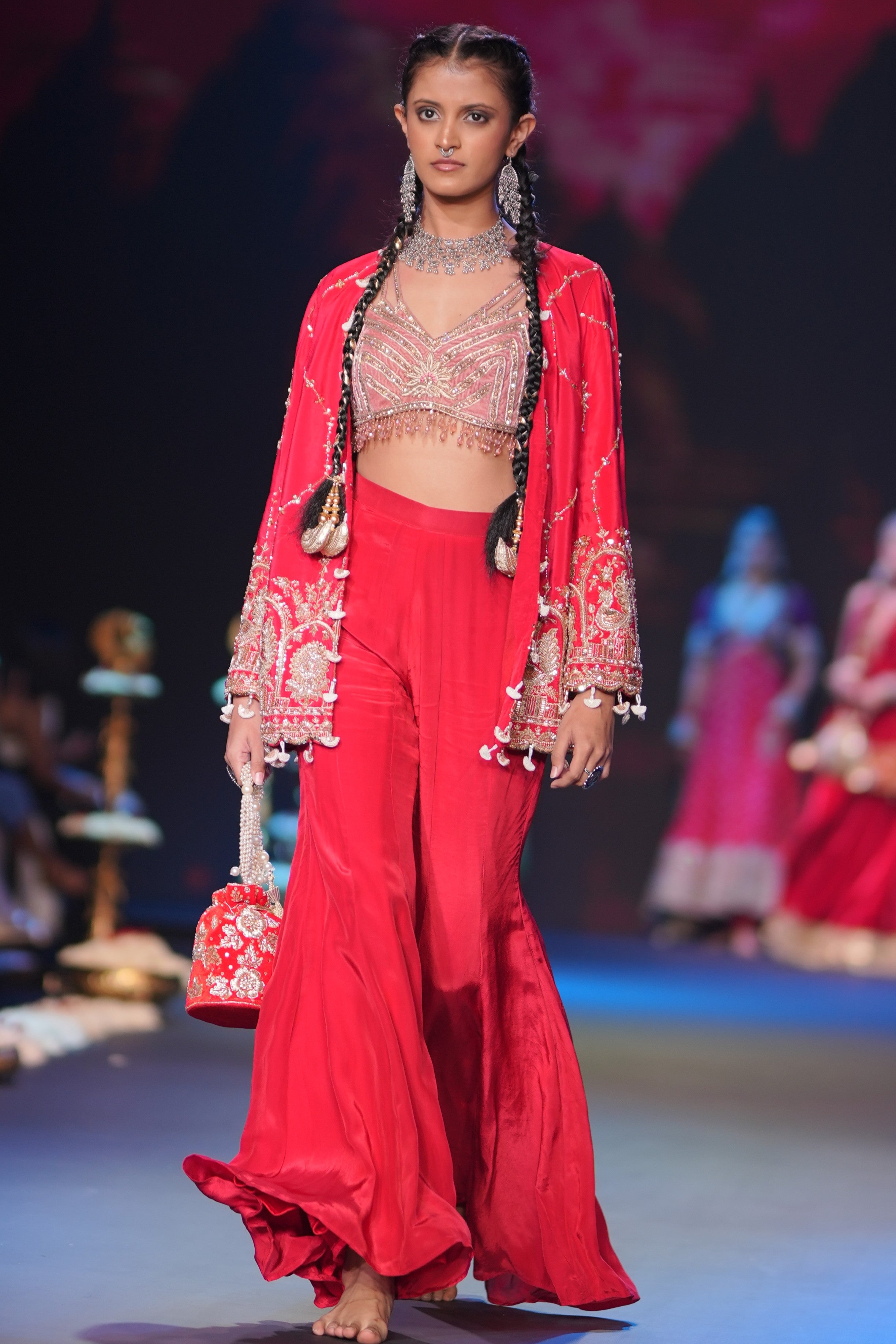 Red three- piece jacket and palazzo set