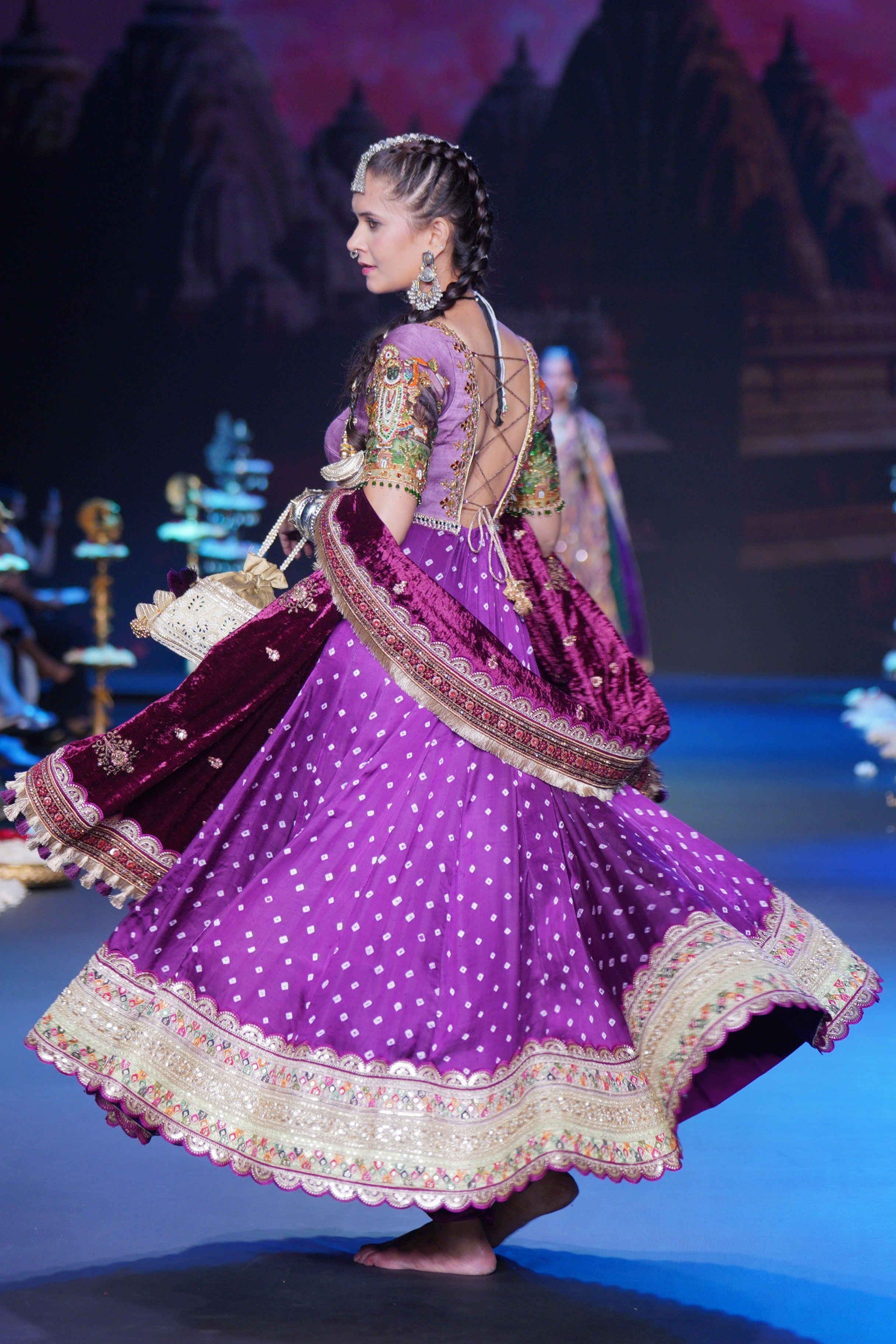Bandhani Anarkali set with srinathji print on sleeves