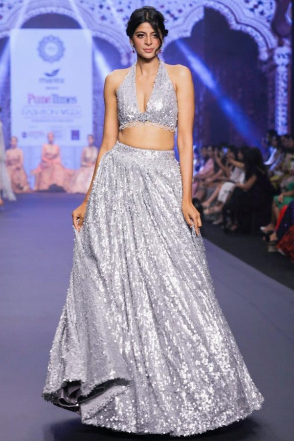 Silver metallic sequin embroidery lehenga set