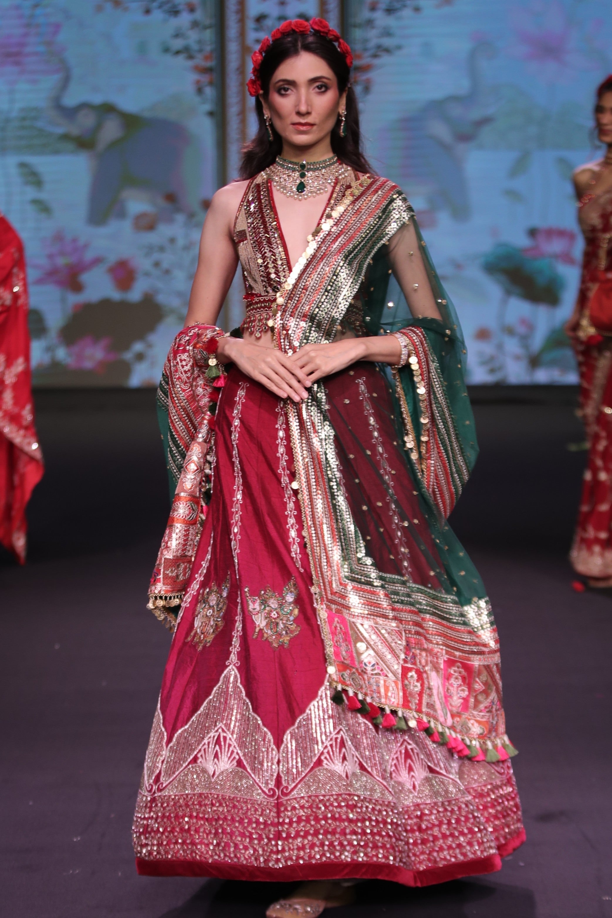 Maroon raw silk embroidered lehenga set