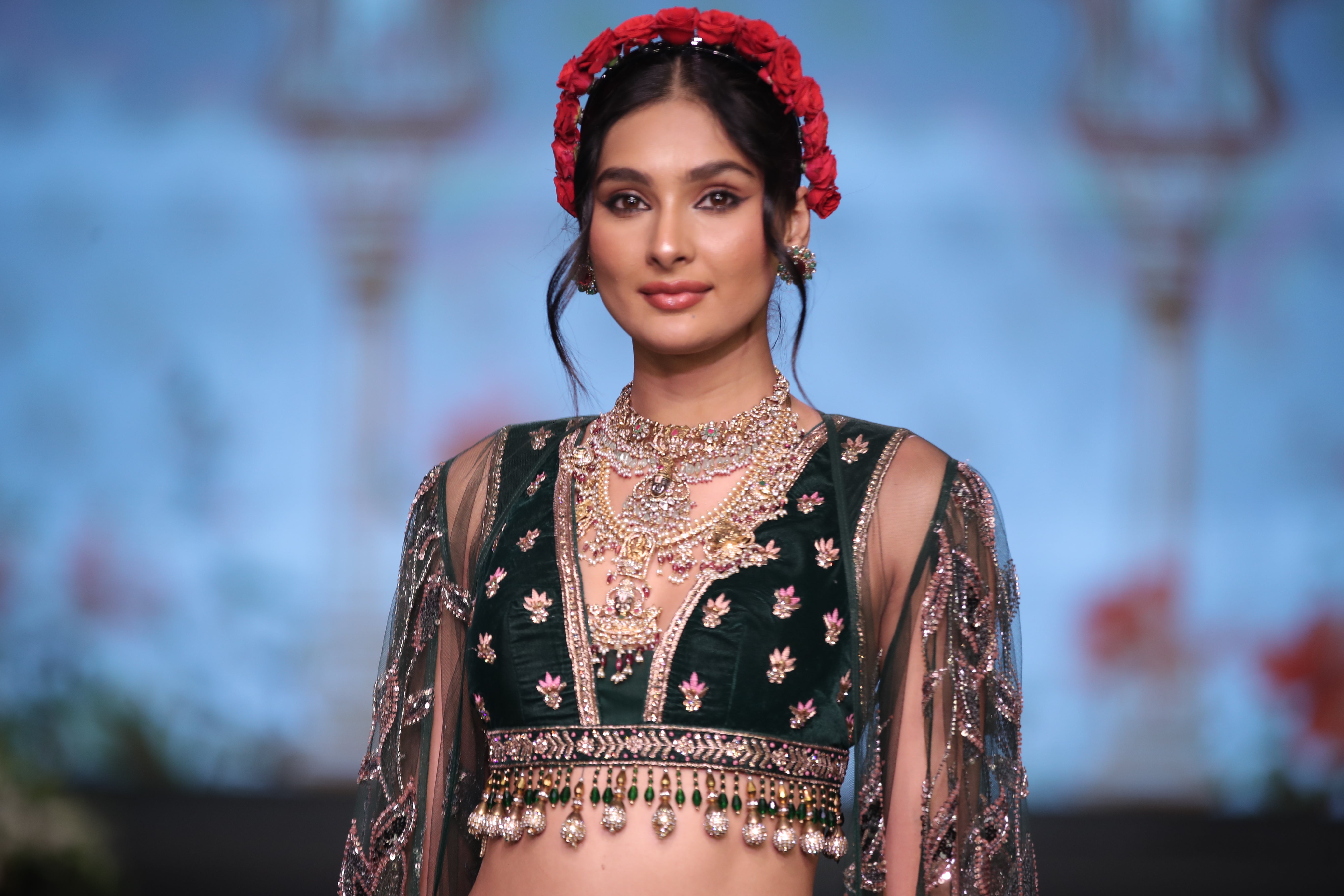 Green velvet embroidered palazzo set with cape