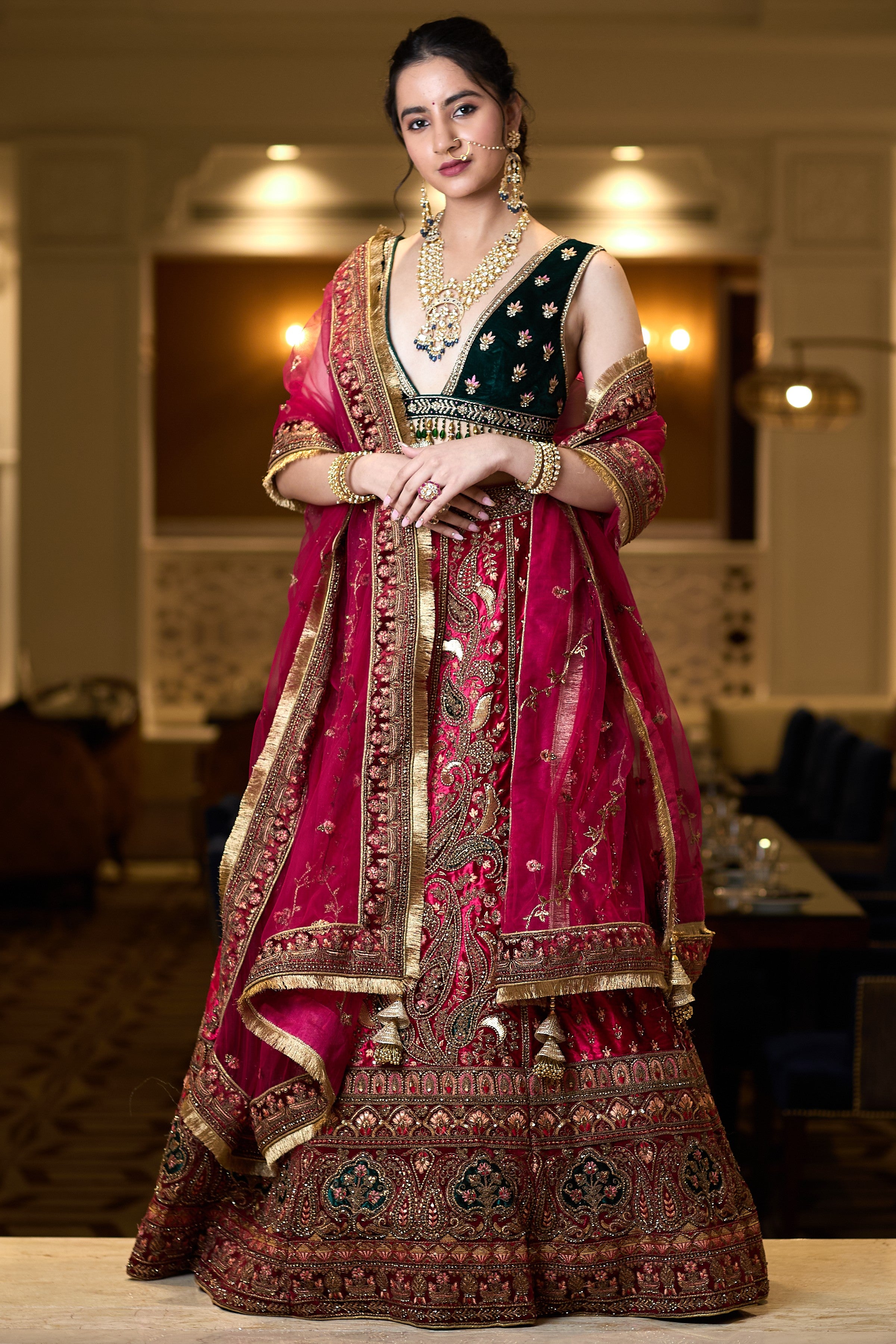 Two toned green and pink embroidered lehenga set