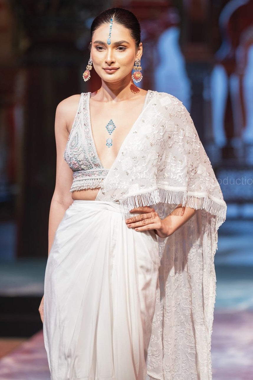 White embroidered pre drape saree