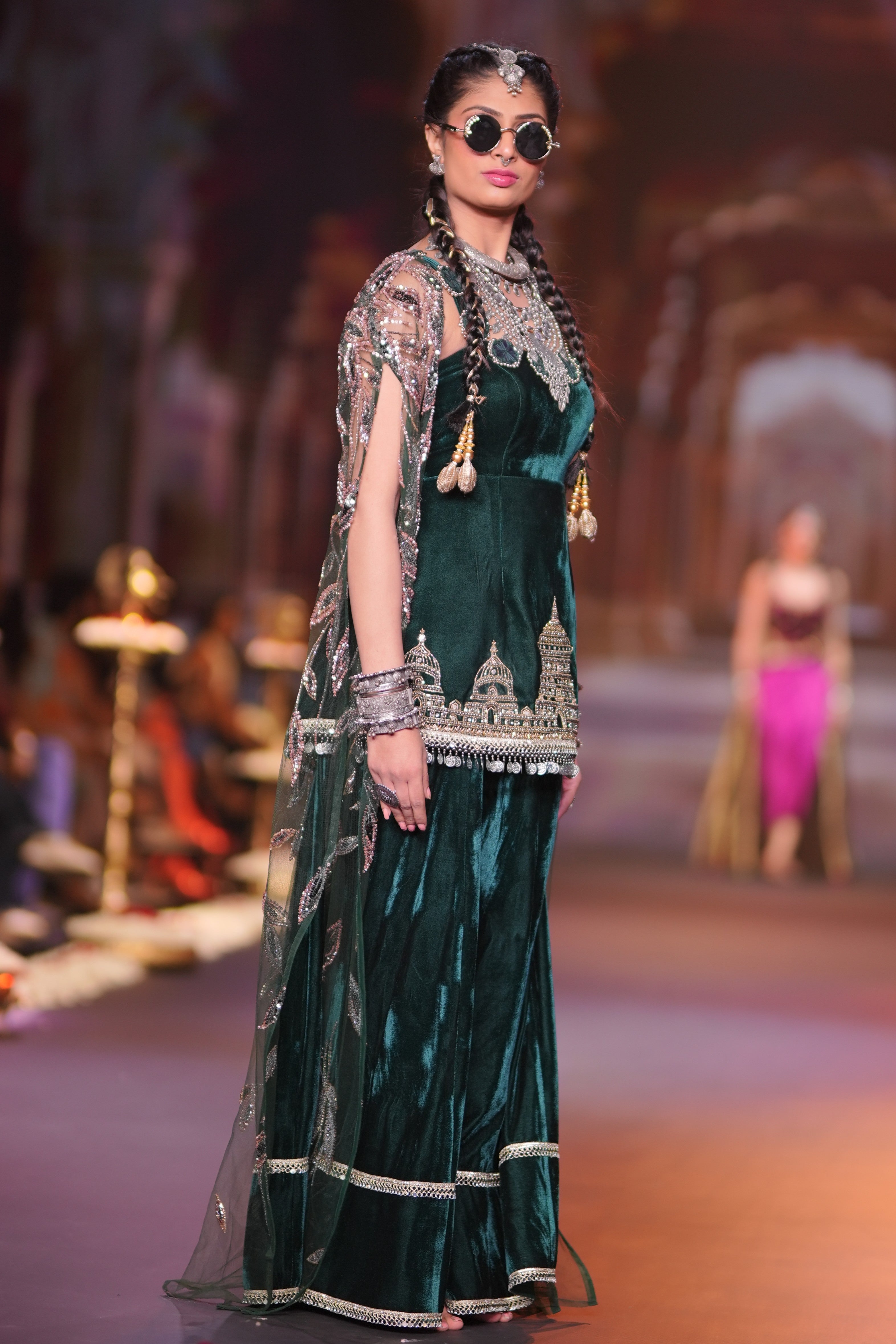 Ram mandir inspired green palazzo set with cape