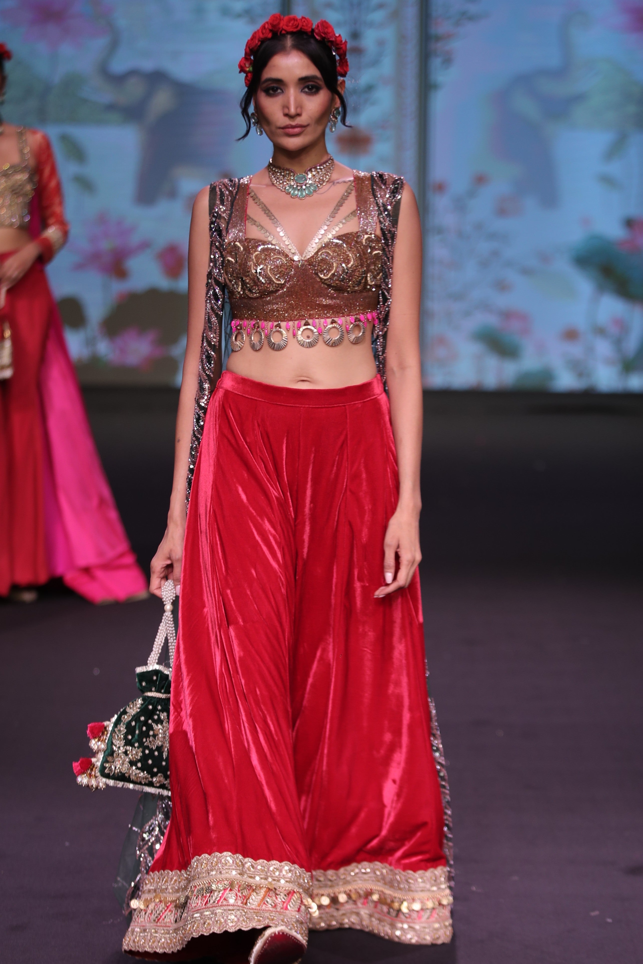Red palazzo set and cape with jaganath embroidered print