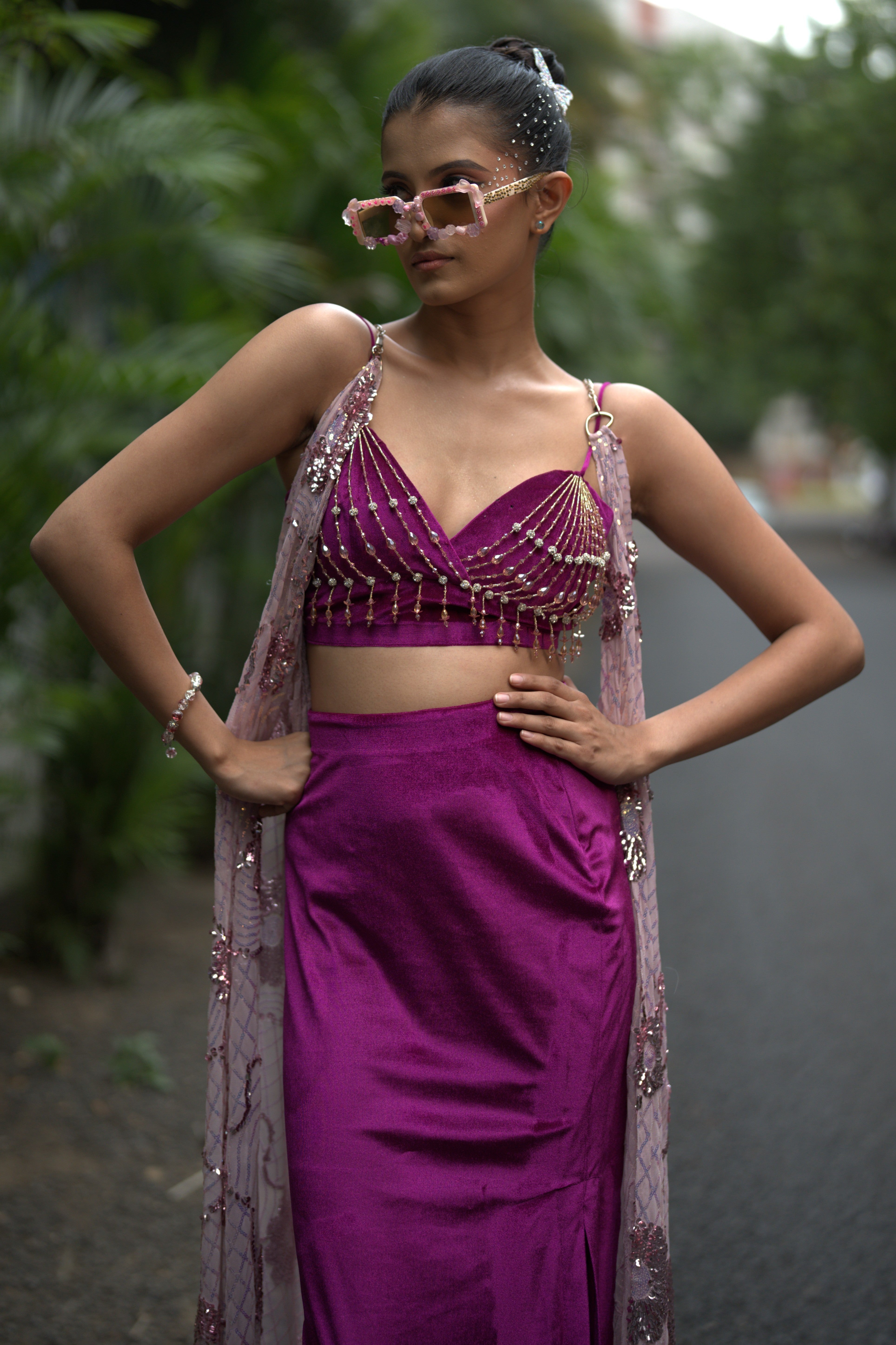 Purple embroidered set with cape
