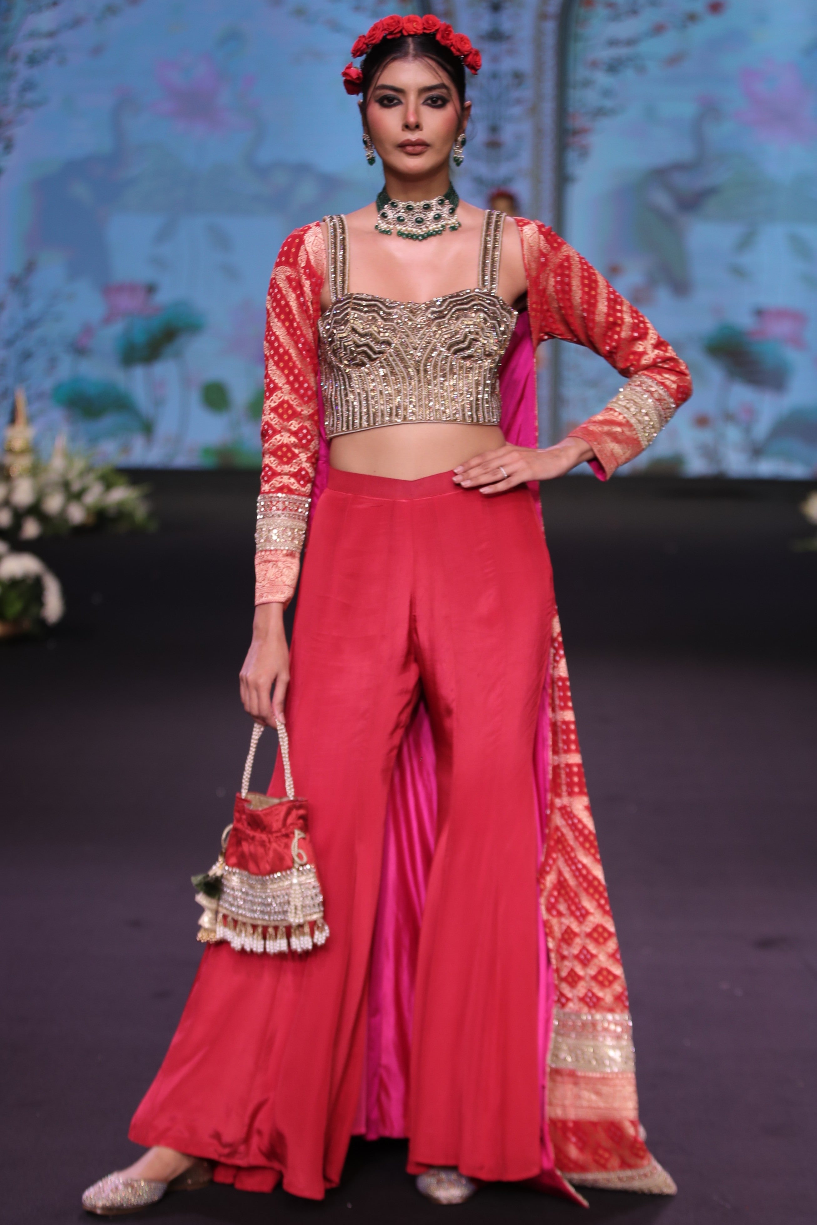 Red three piece set with long cape